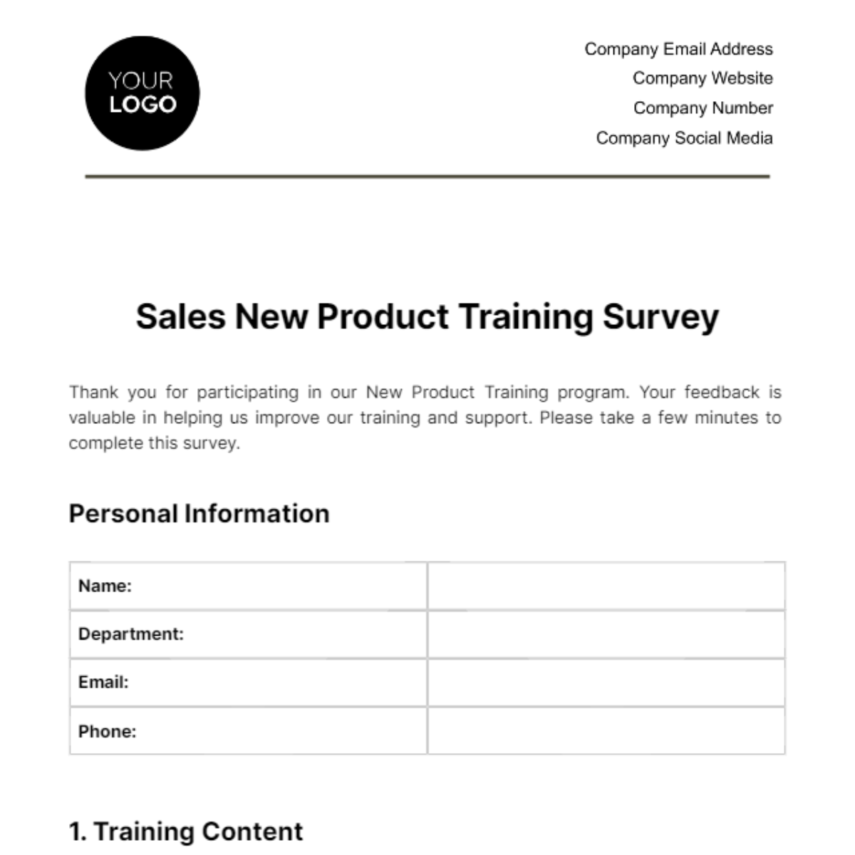 Free Sales New Product Training Survey Template