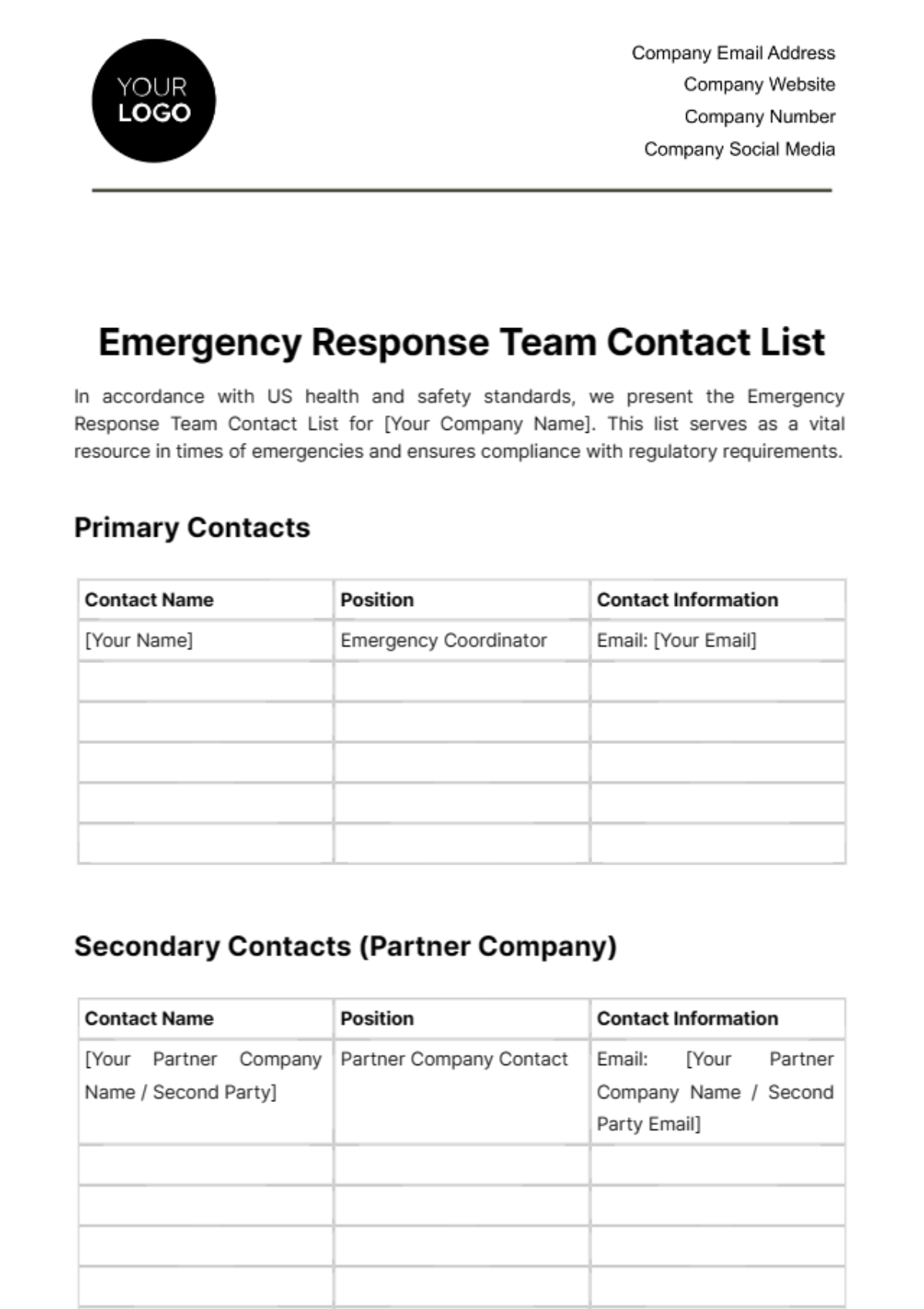 Emergency Response Team Contact List Template