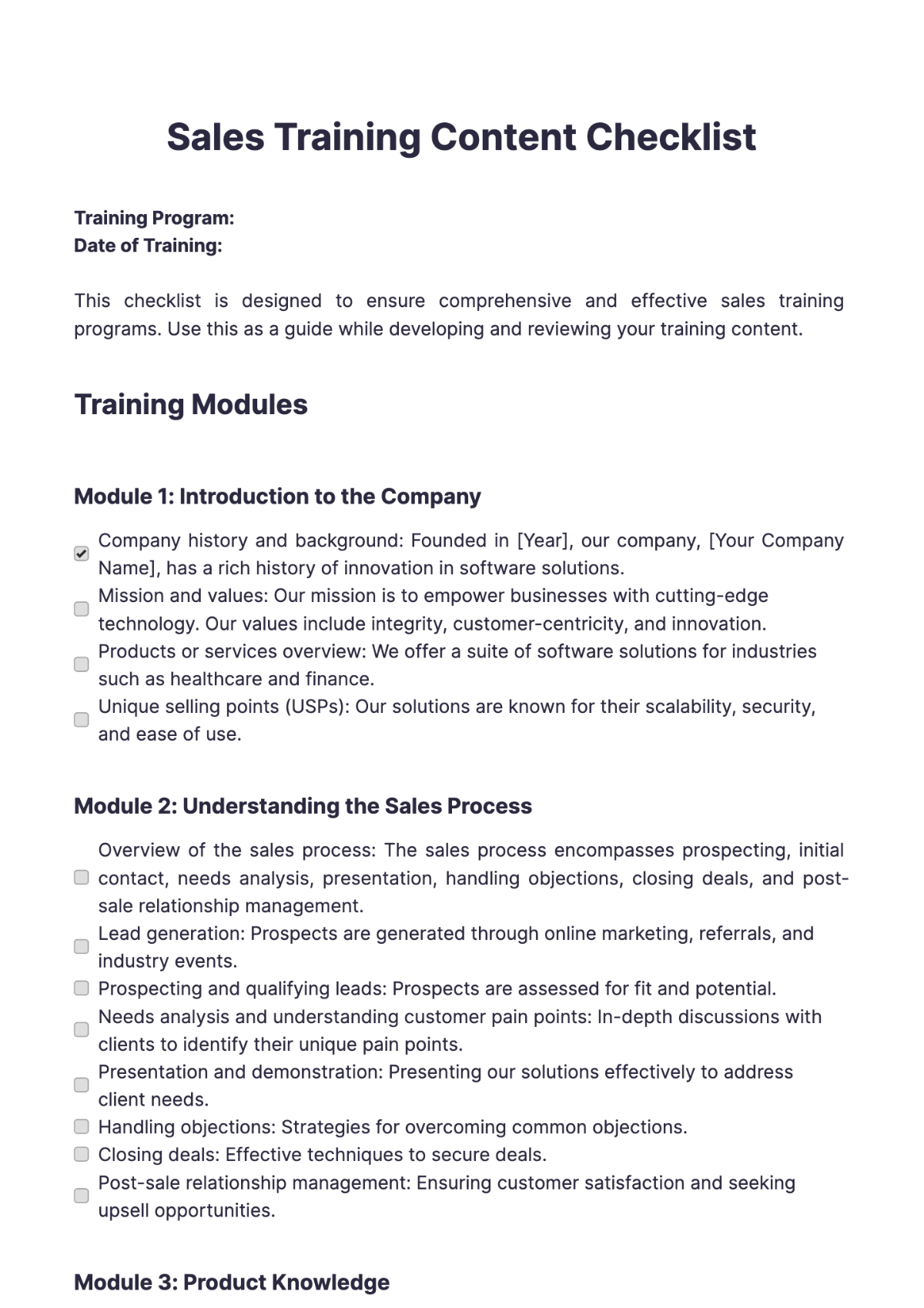 Sales Training Content Checklist Template - Edit Online & Download