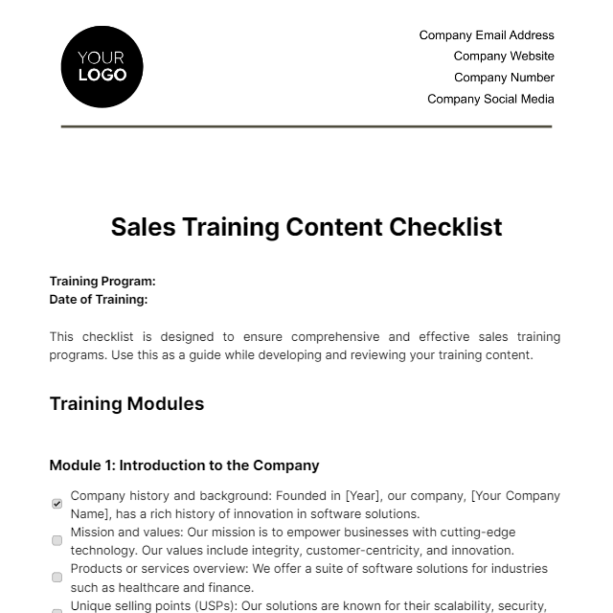 Free Sales Training Content Checklist Template