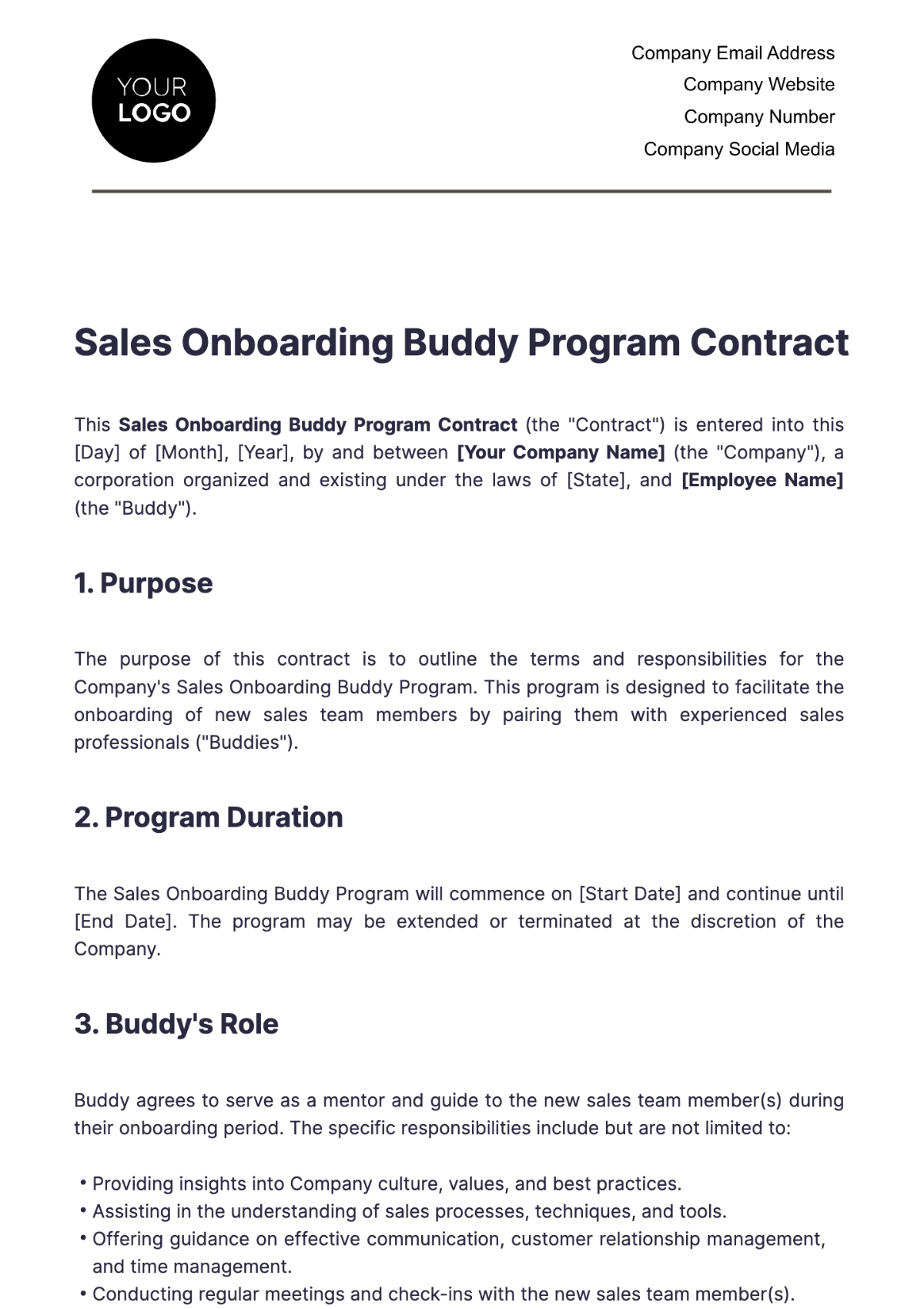 Sales Onboarding Buddy Program Contract Template - Edit Online & Download