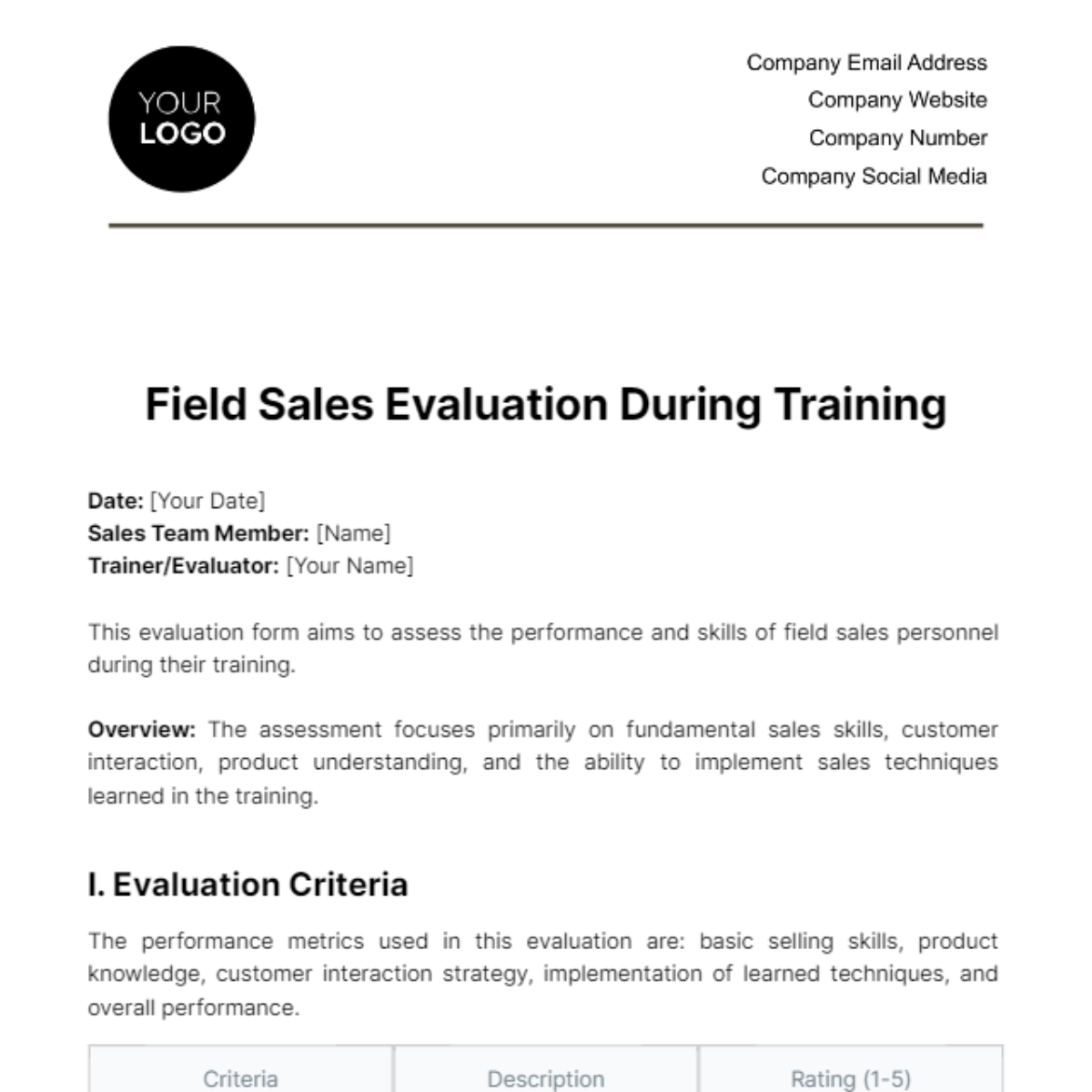 Free Field Sales Evaluation During Training Template
