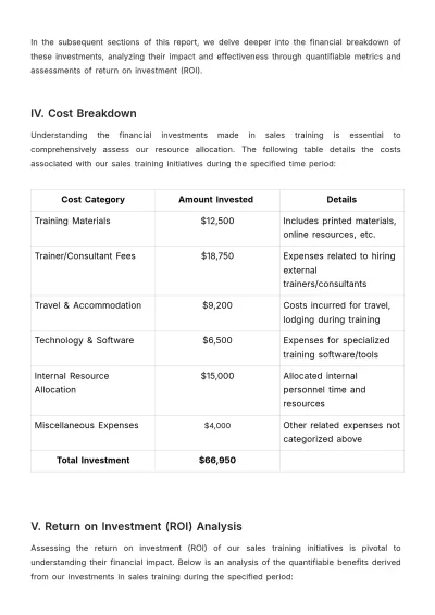 Free Financial Report on Sales Training Investments Template to Edit Online