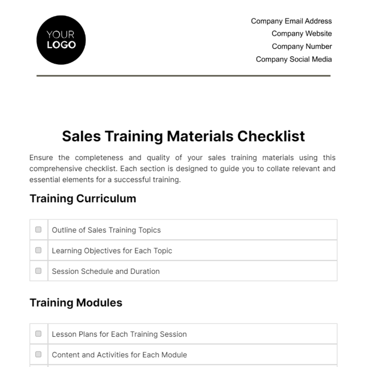 Free Sales Training Materials Checklist Template