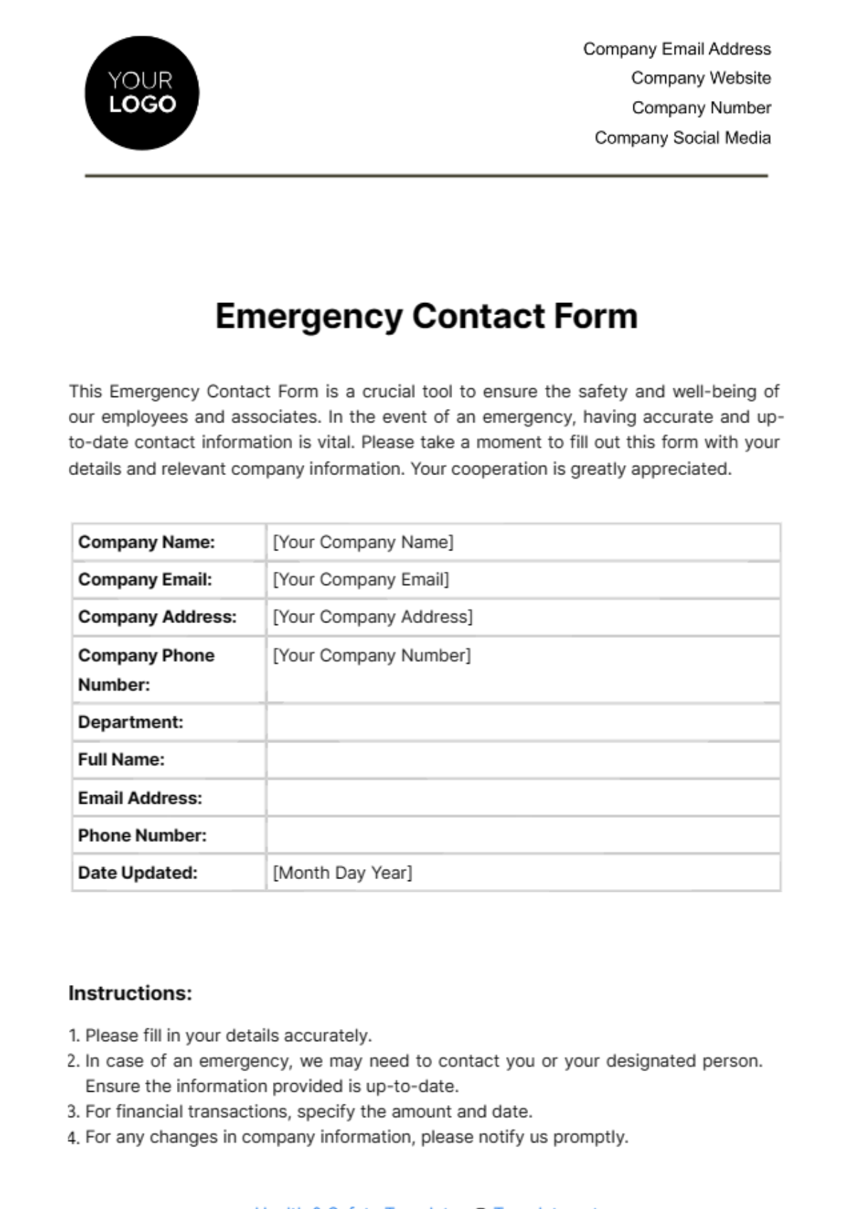 Emergency Contact Form Template - Edit Online & Download