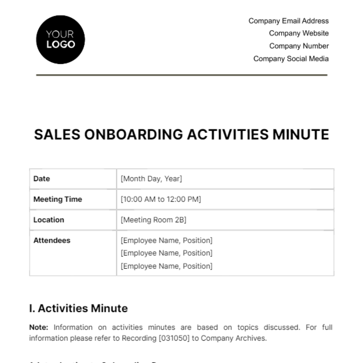 Sales Onboarding Activities Minute Template