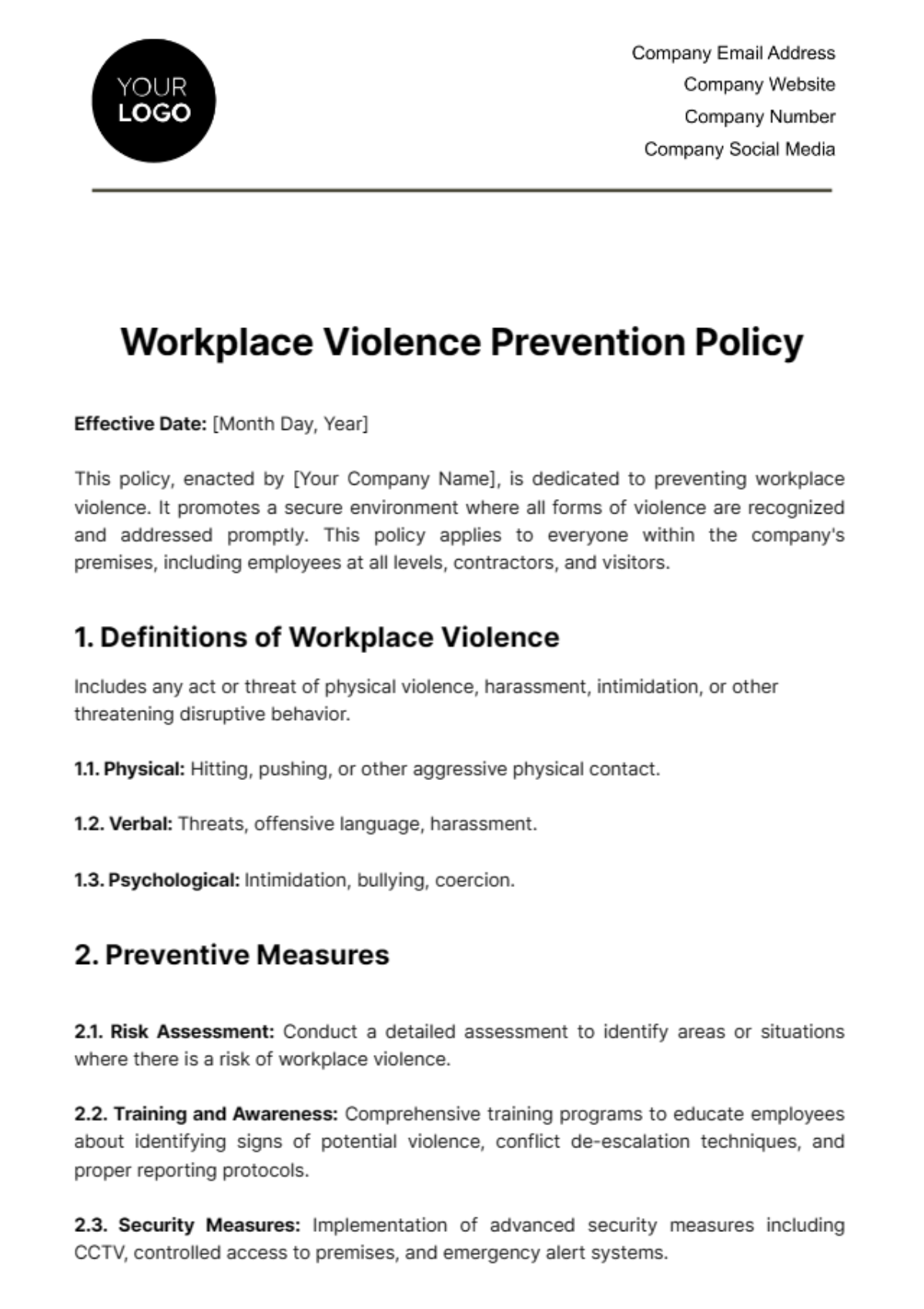 Free Workplace Violence Prevention Policy Template