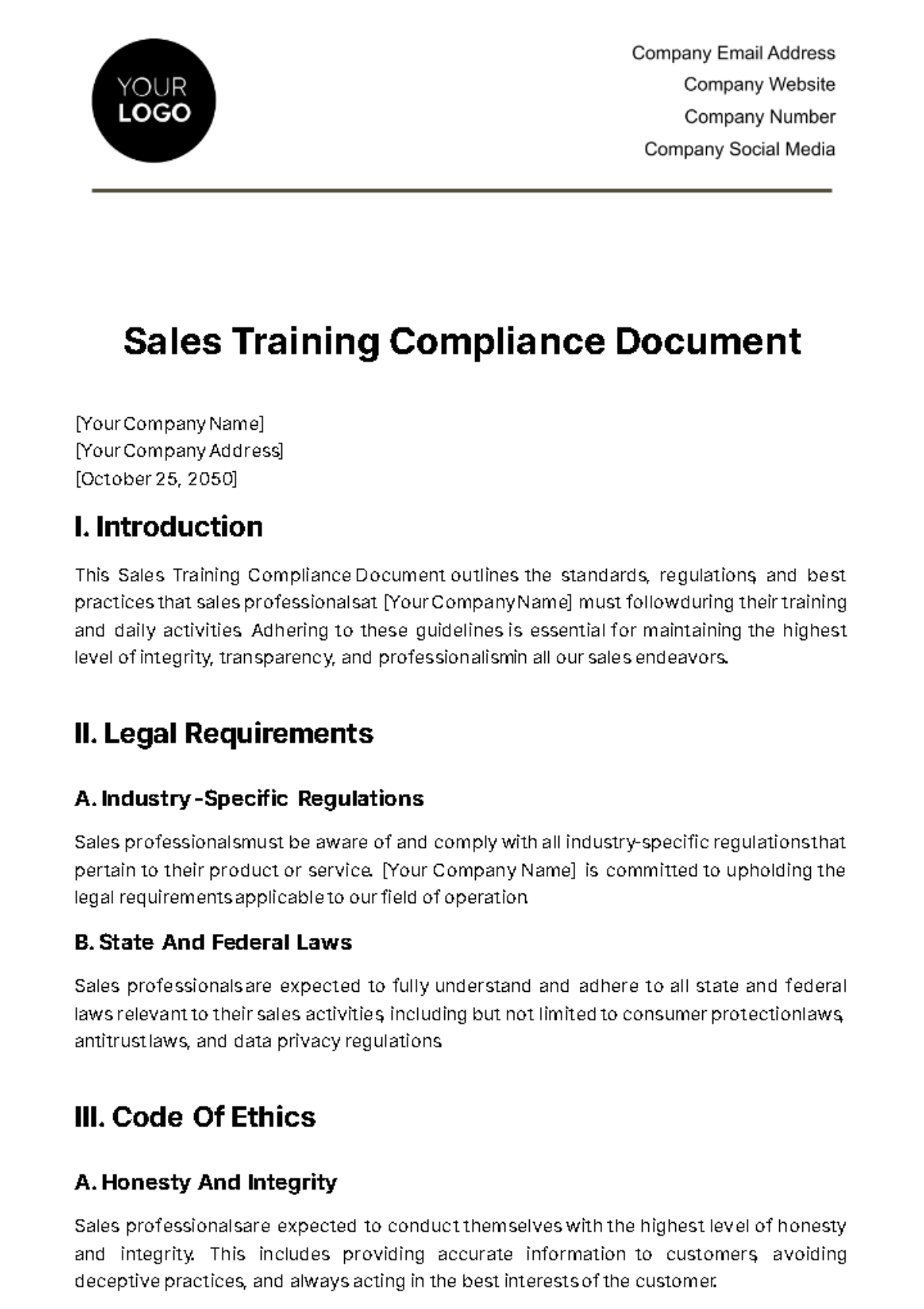 Free Sales Training Compliance Document Template