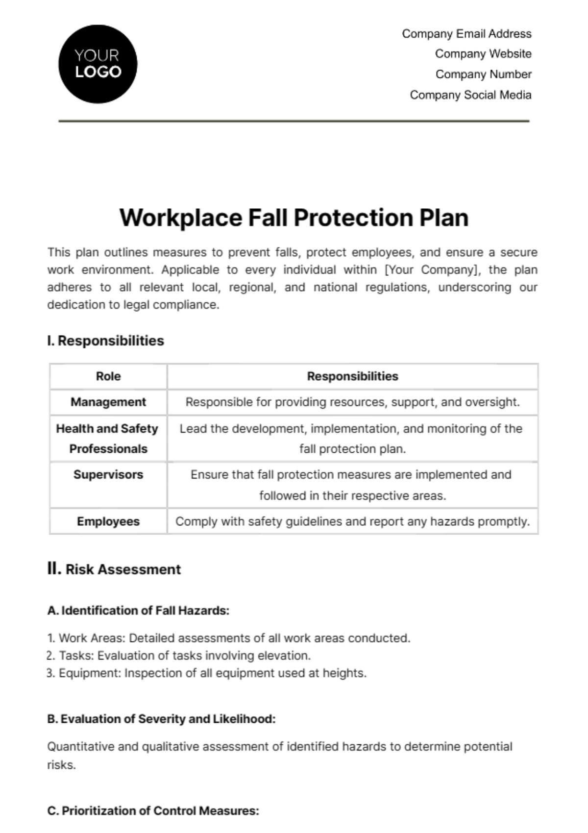 Workplace Fall Protection Plan Template