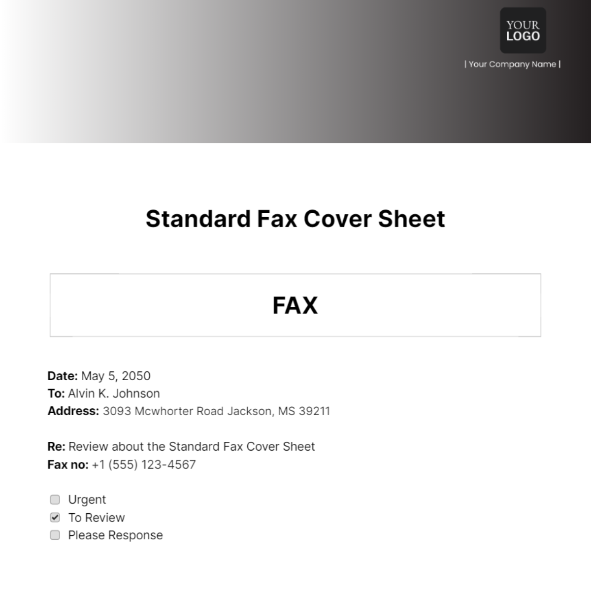 Standard Fax Cover Sheet