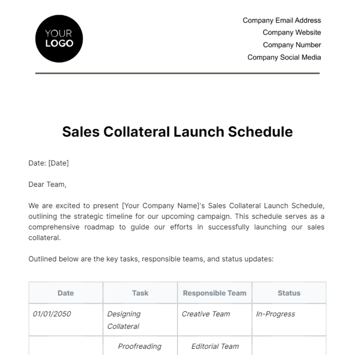 Sales Collateral Launch Schedule Template