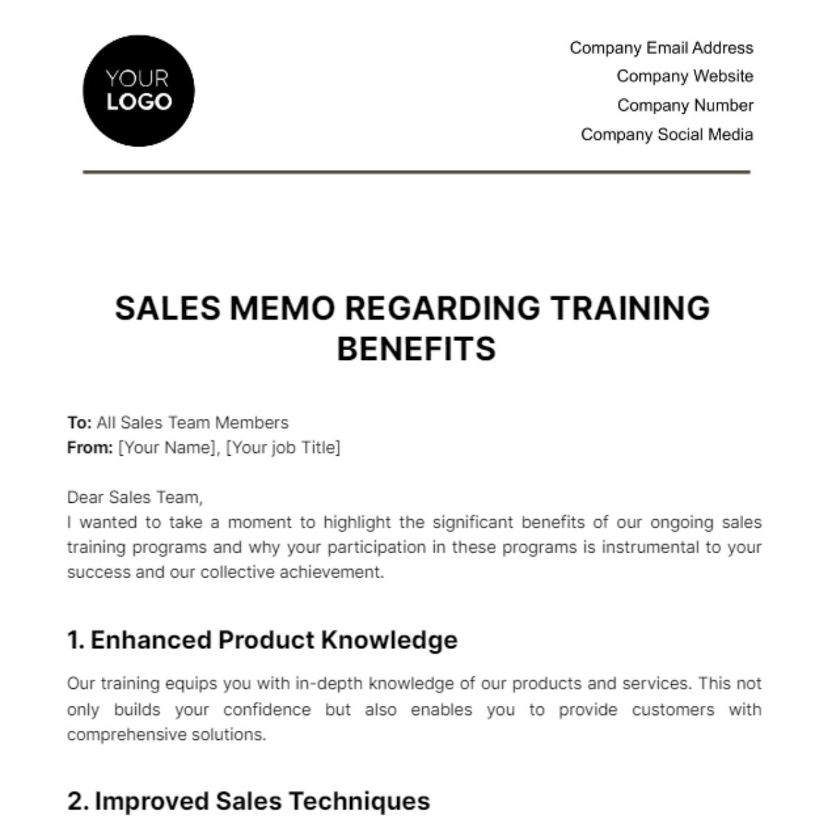 Sales Memo Regarding Training Benefits Template