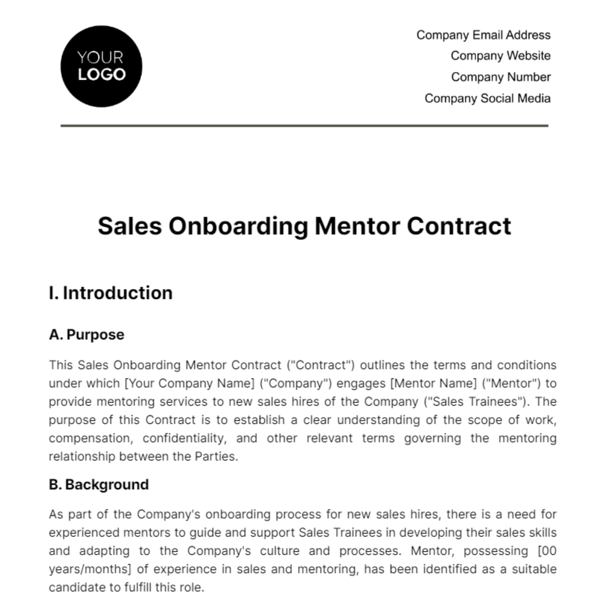 Free Sales Onboarding Mentor Contract Template
