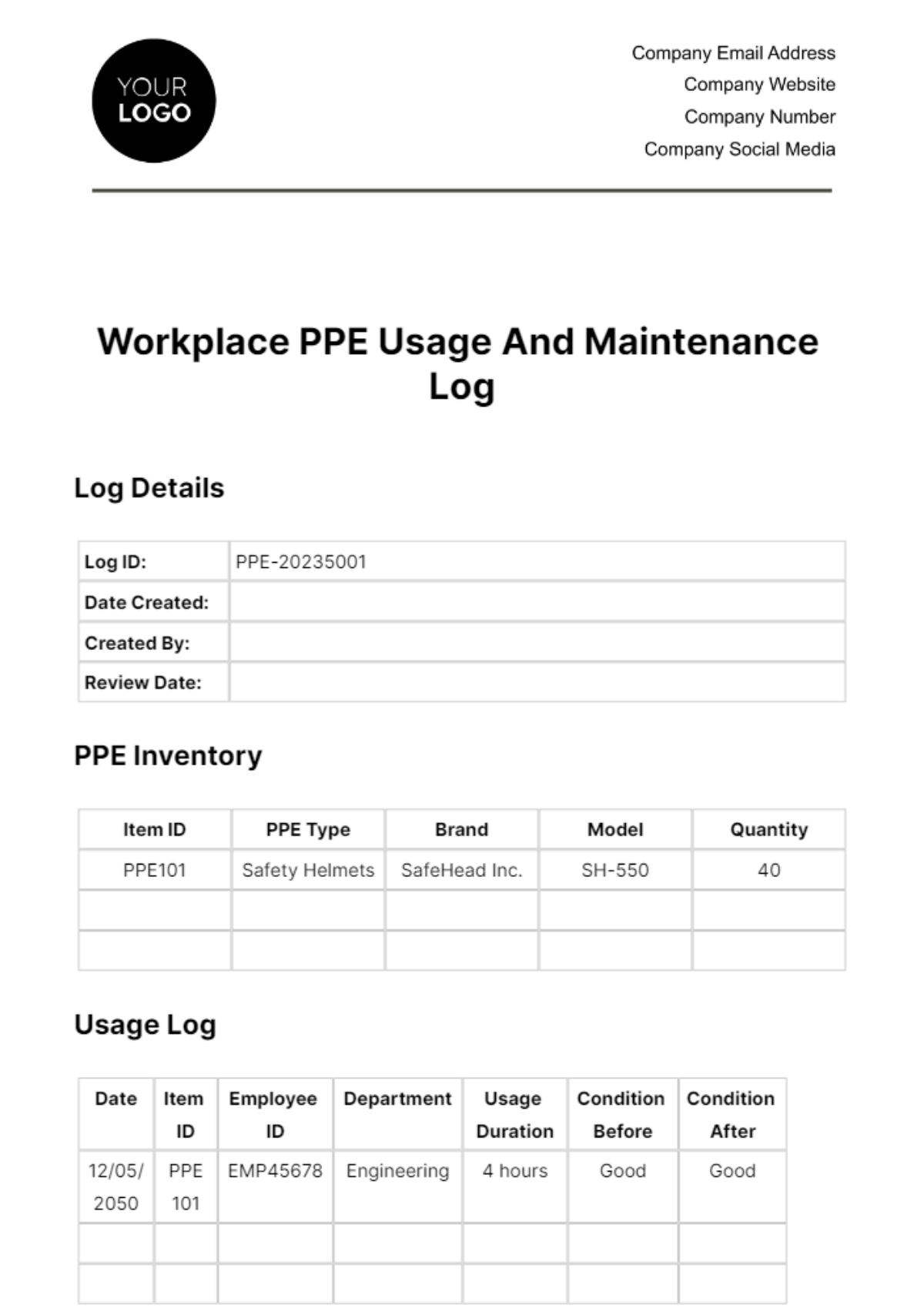 Workplace PPE Usage and Maintenance Log Template