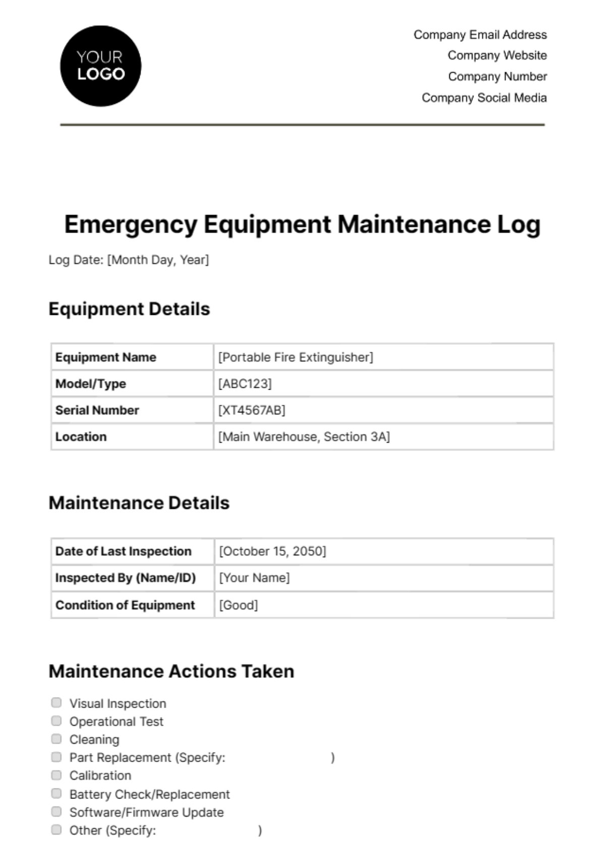 Emergency Equipment Maintenance Log Template - Edit Online & Download