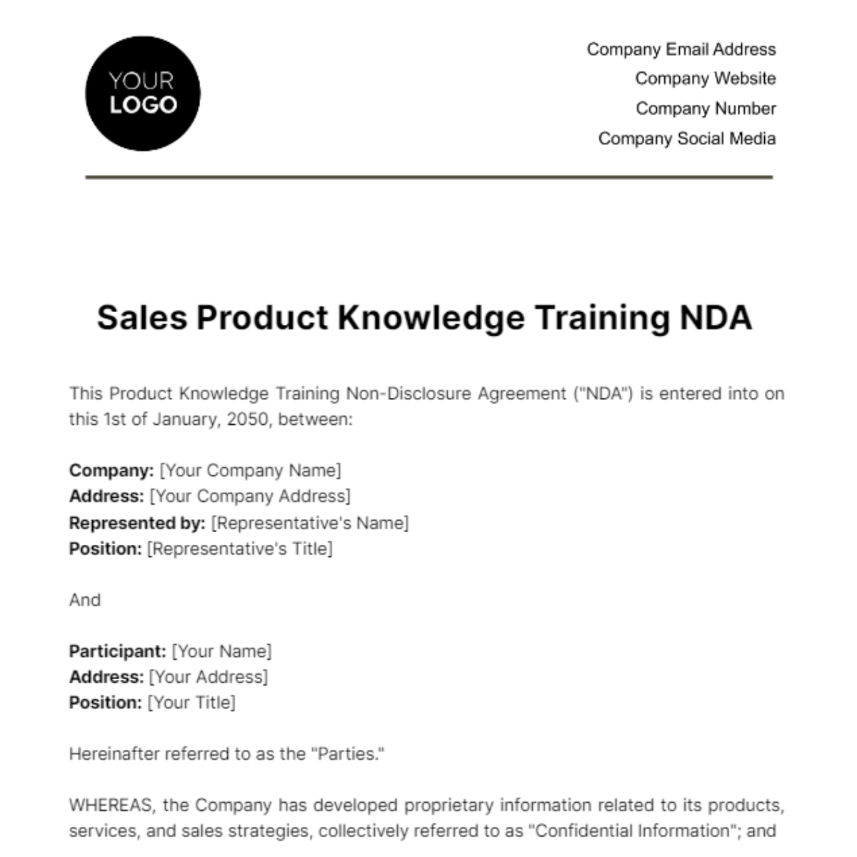 Sales Product Knowledge Training NDA Template
