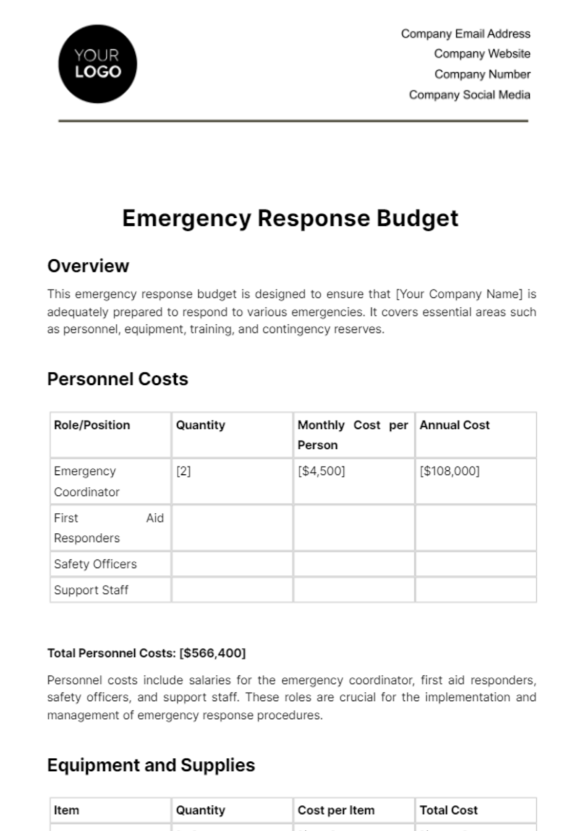 Emergency Response Budget Template