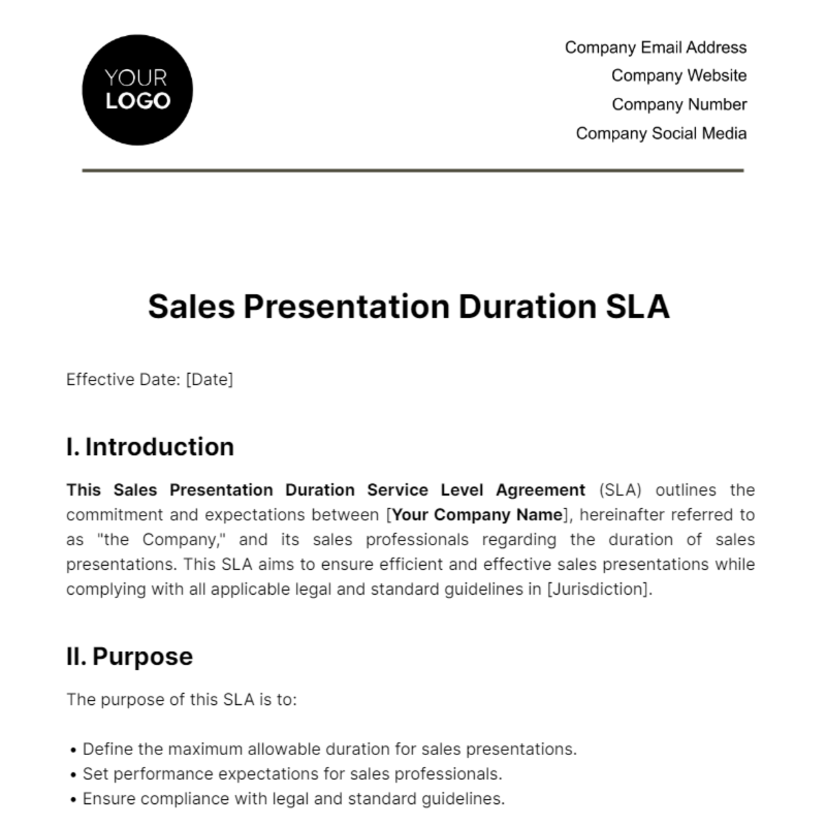 Free Sales Presentation Duration SLA Template