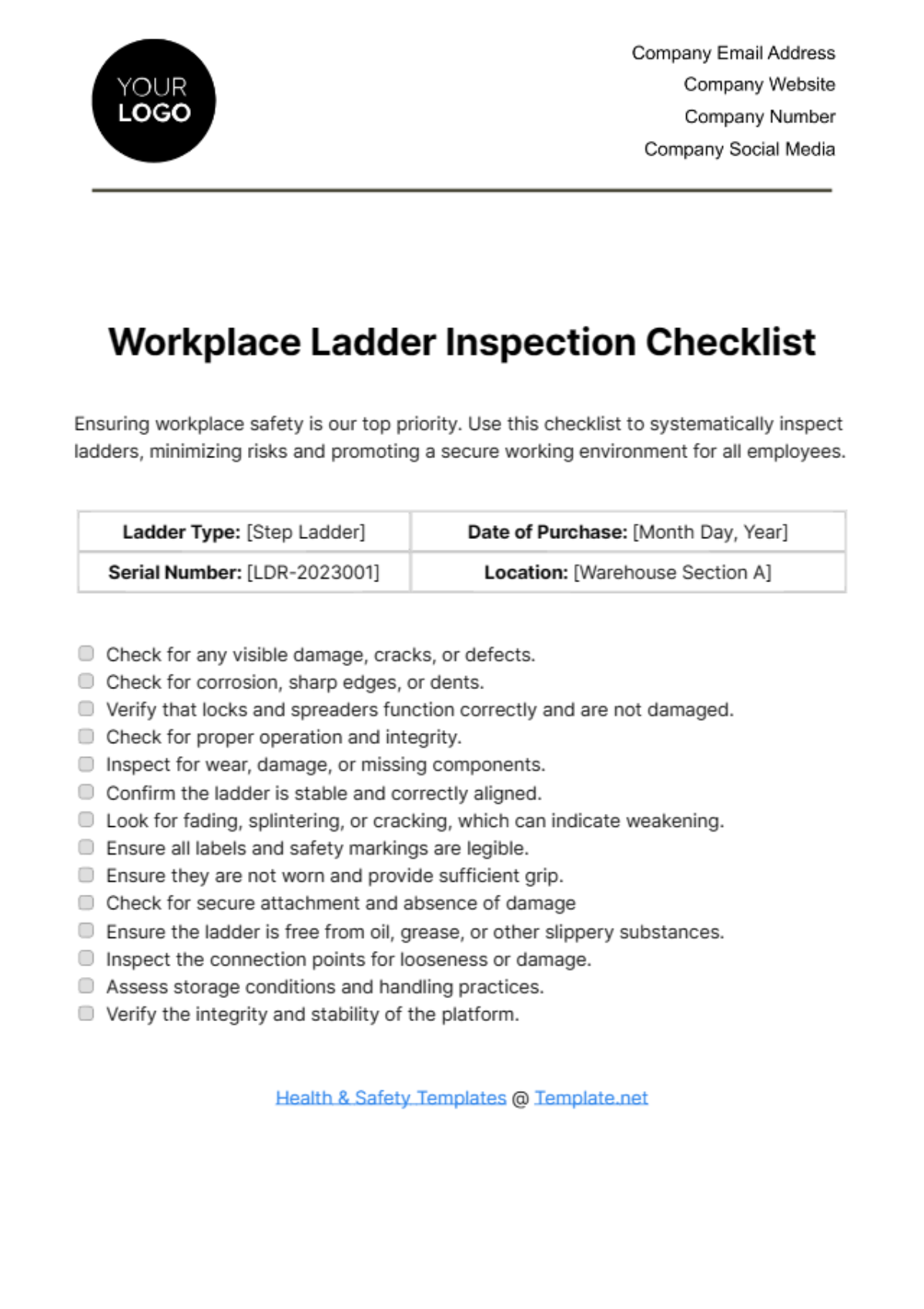 Workplace Ladder Inspection Checklist Template