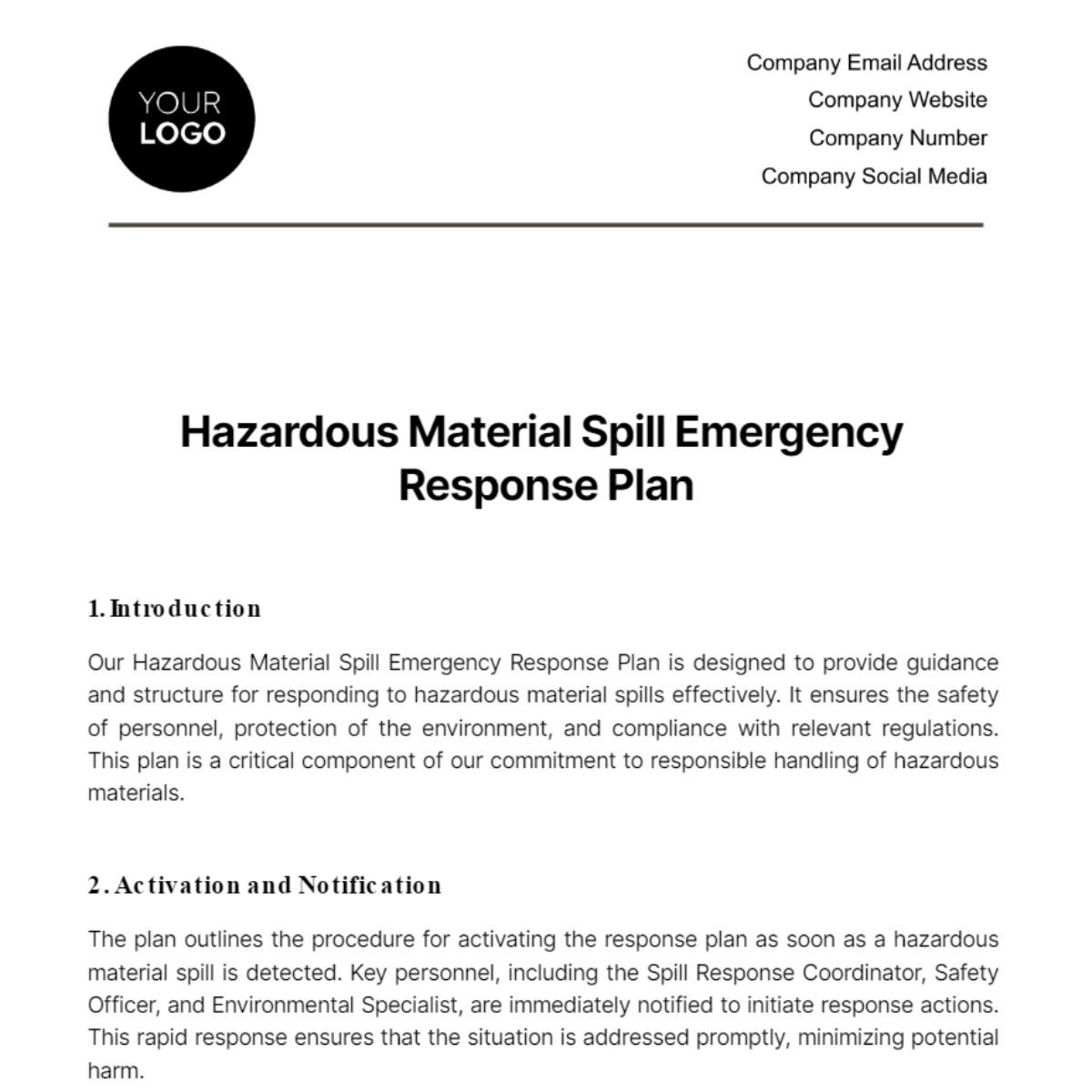 Hazardous Material Spill Emergency Response Plan Template - Edit Online ...