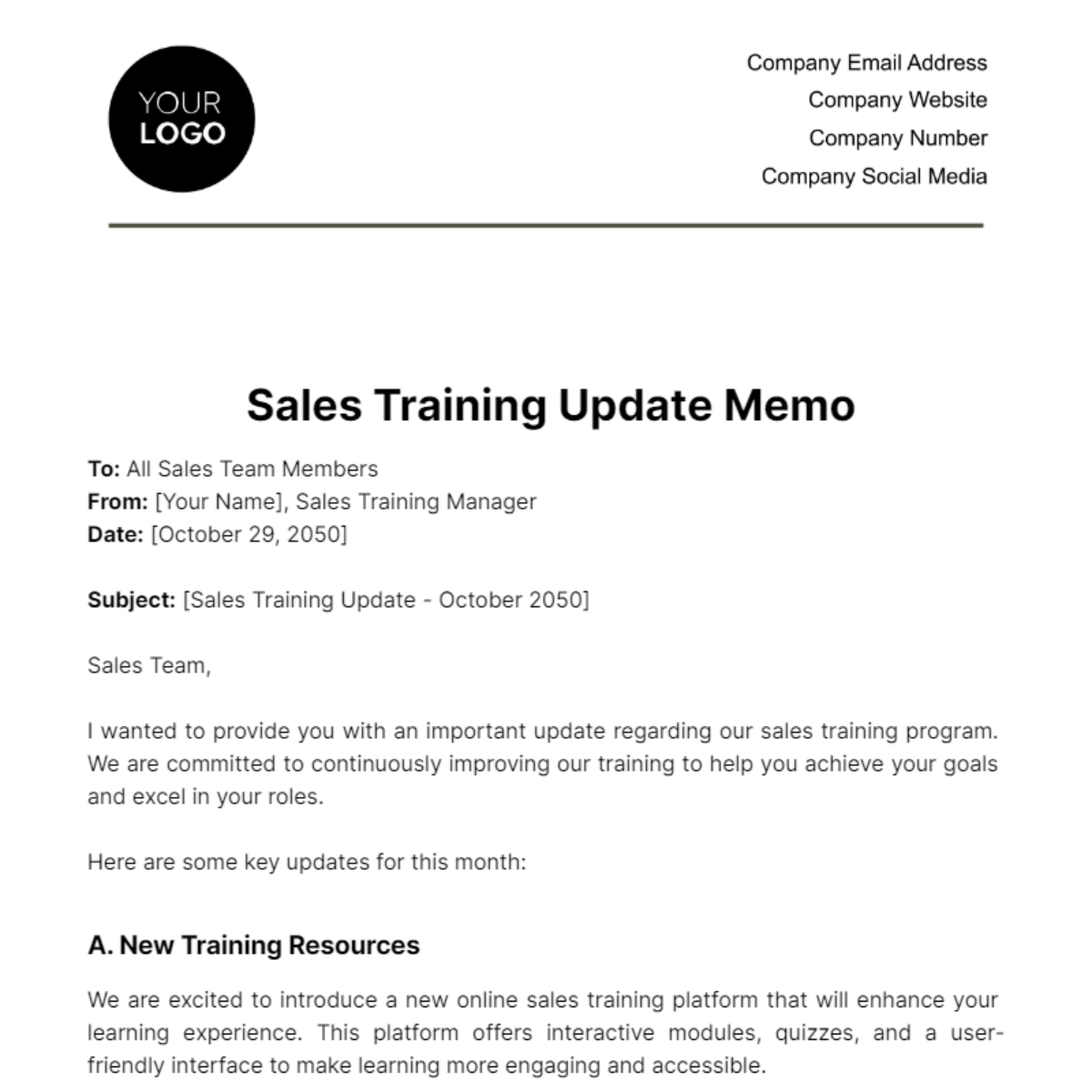 Free Sales Training Update Memo Template