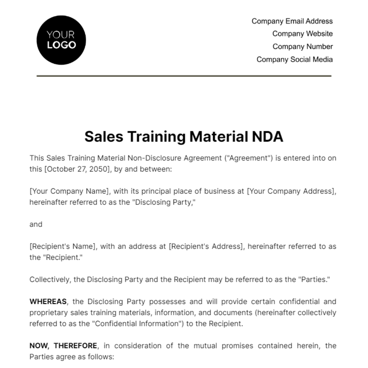 Sales Training Material NDA Template