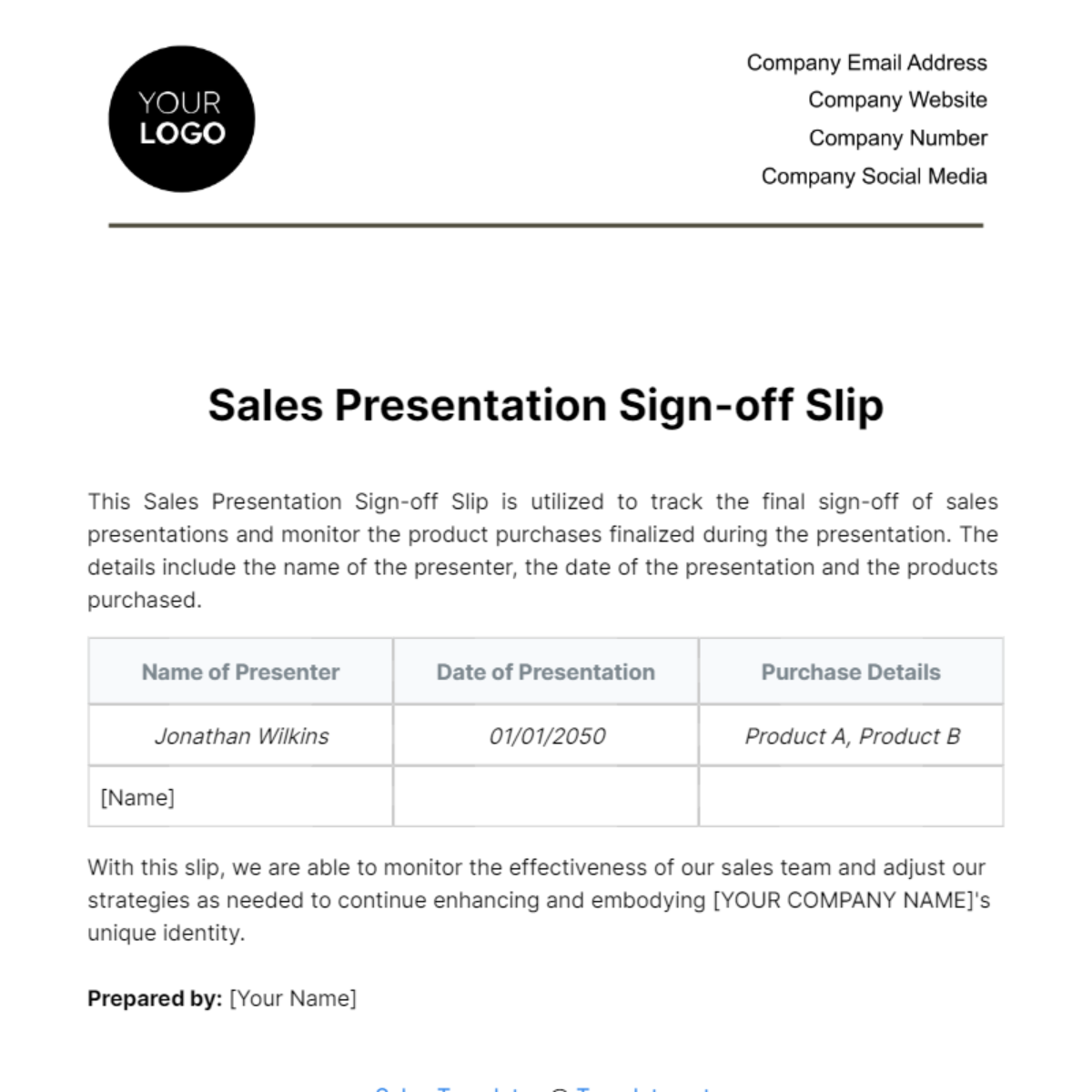 Sales Presentation Sign-off Slip Template