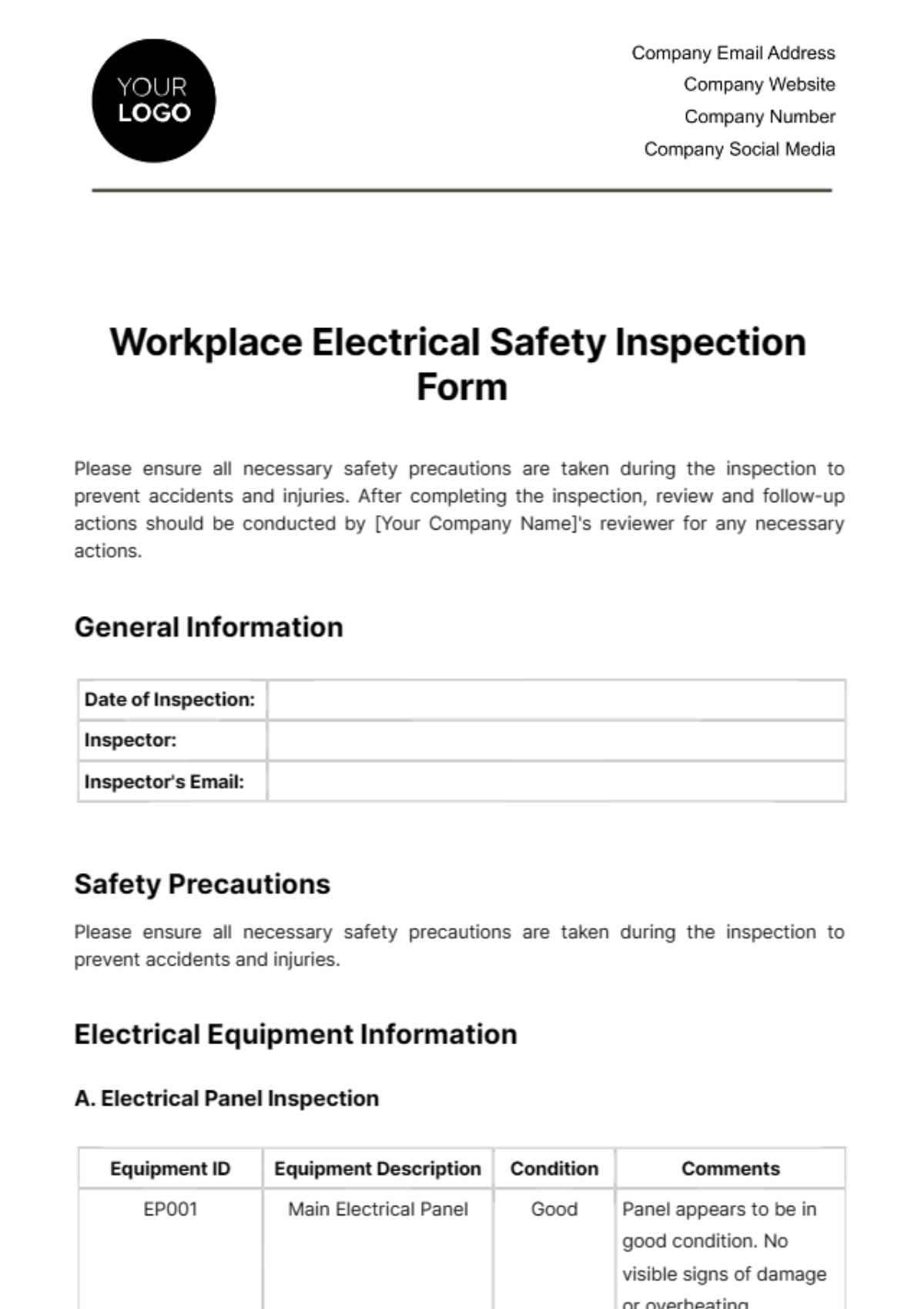 Workplace Electrical Safety Inspection Form Template - Edit Online & Download