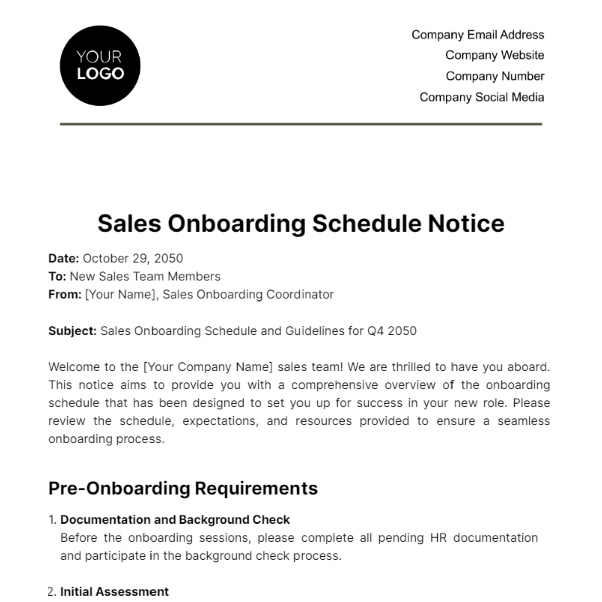 Sales Onboarding Schedule Notice Template