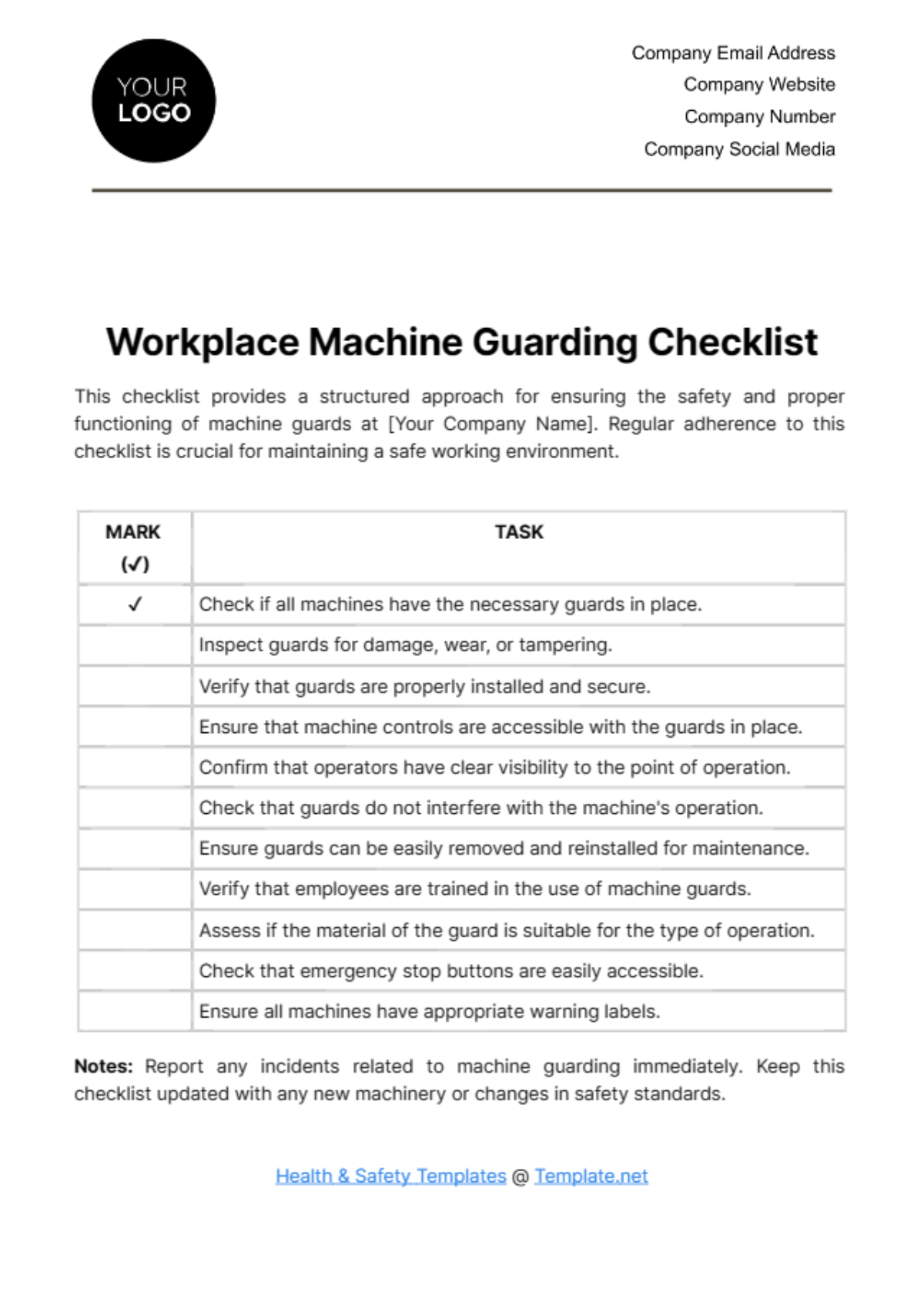 Free Workplace Machine Guarding Checklist Template