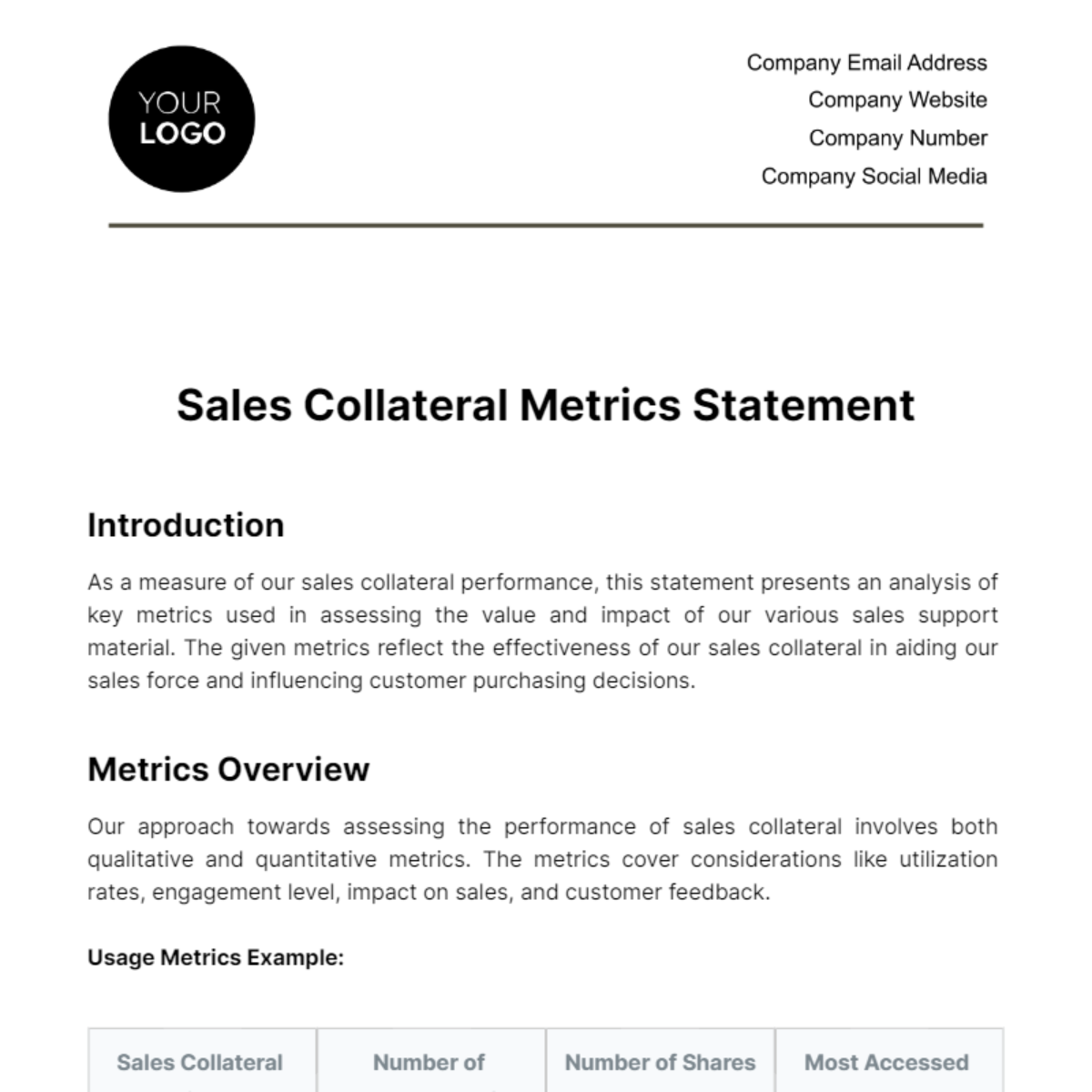 Free Sales Collateral Metrics Statement Template