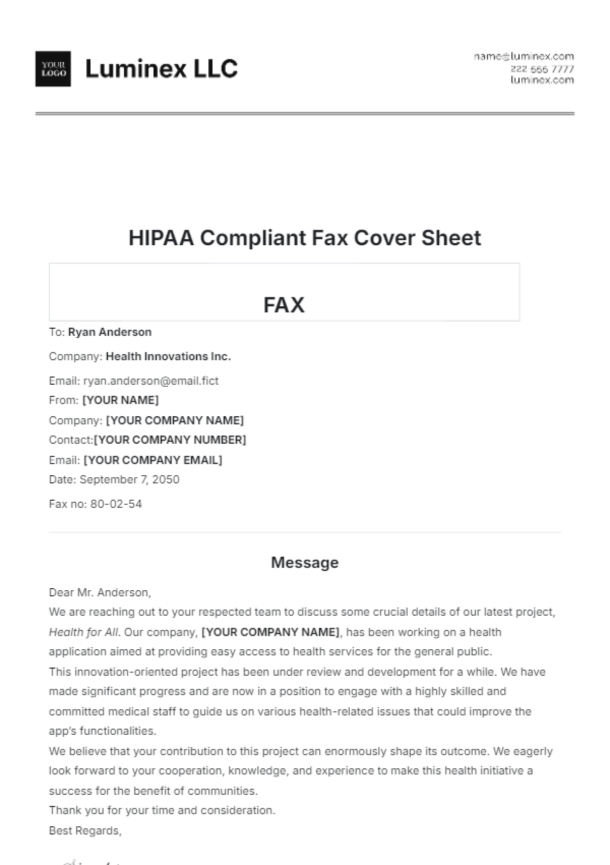 Professional HIPAA Compliant Fax Cover Sheet Template