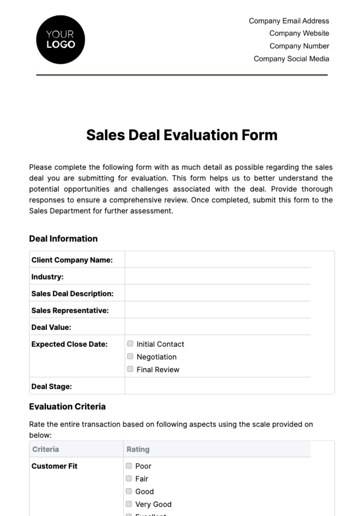 Sales Deal Evaluation Form Template