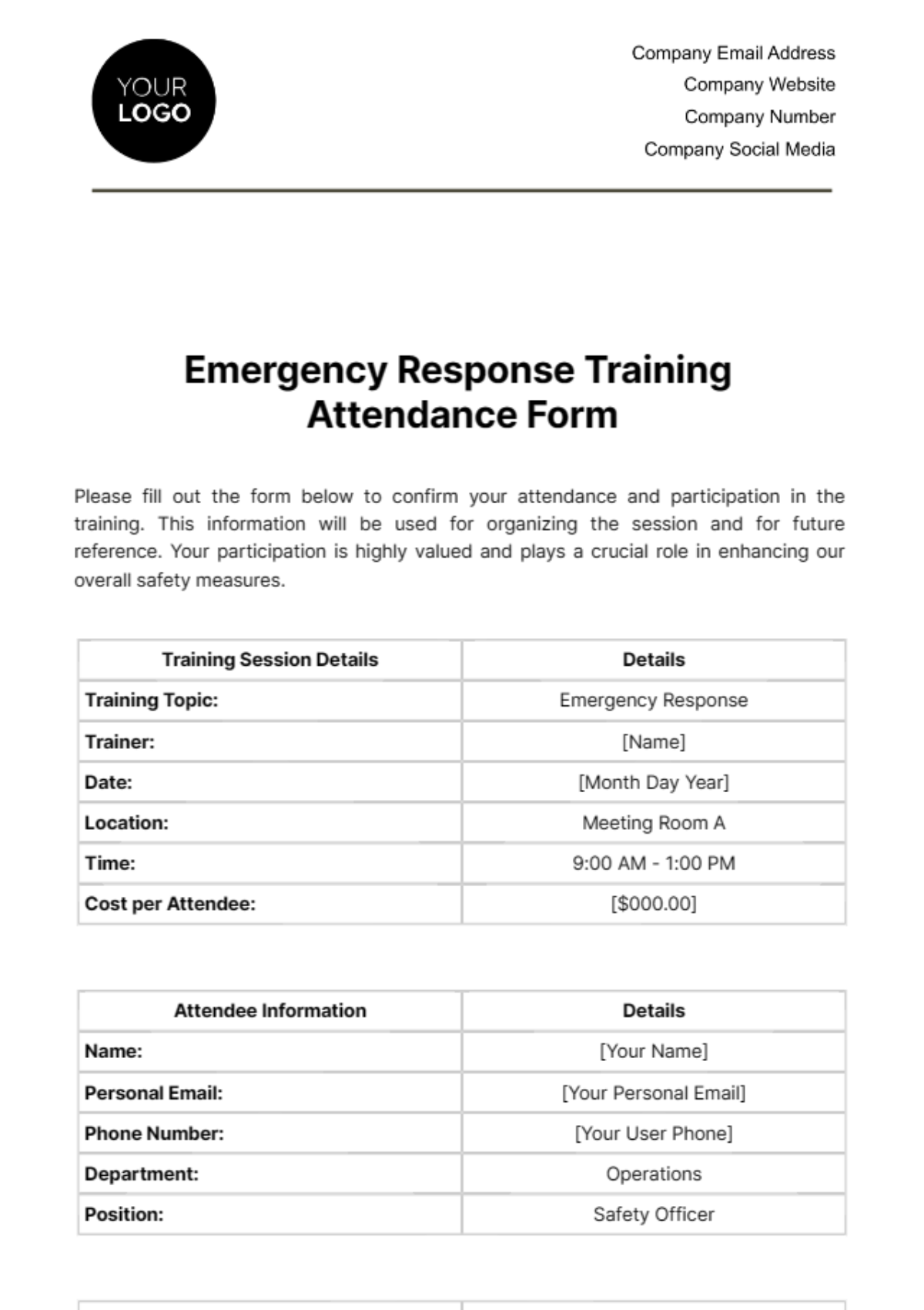 Free Emergency Response Training Attendance Form Template
