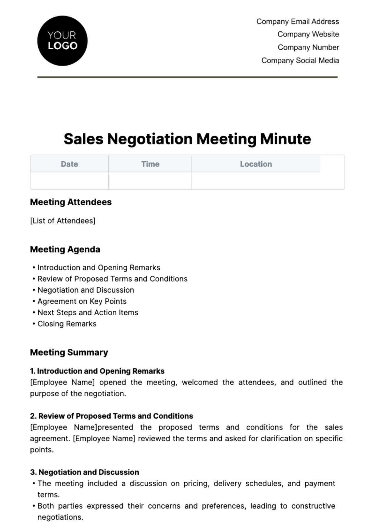 Sales Negotiation Meeting Minute Template