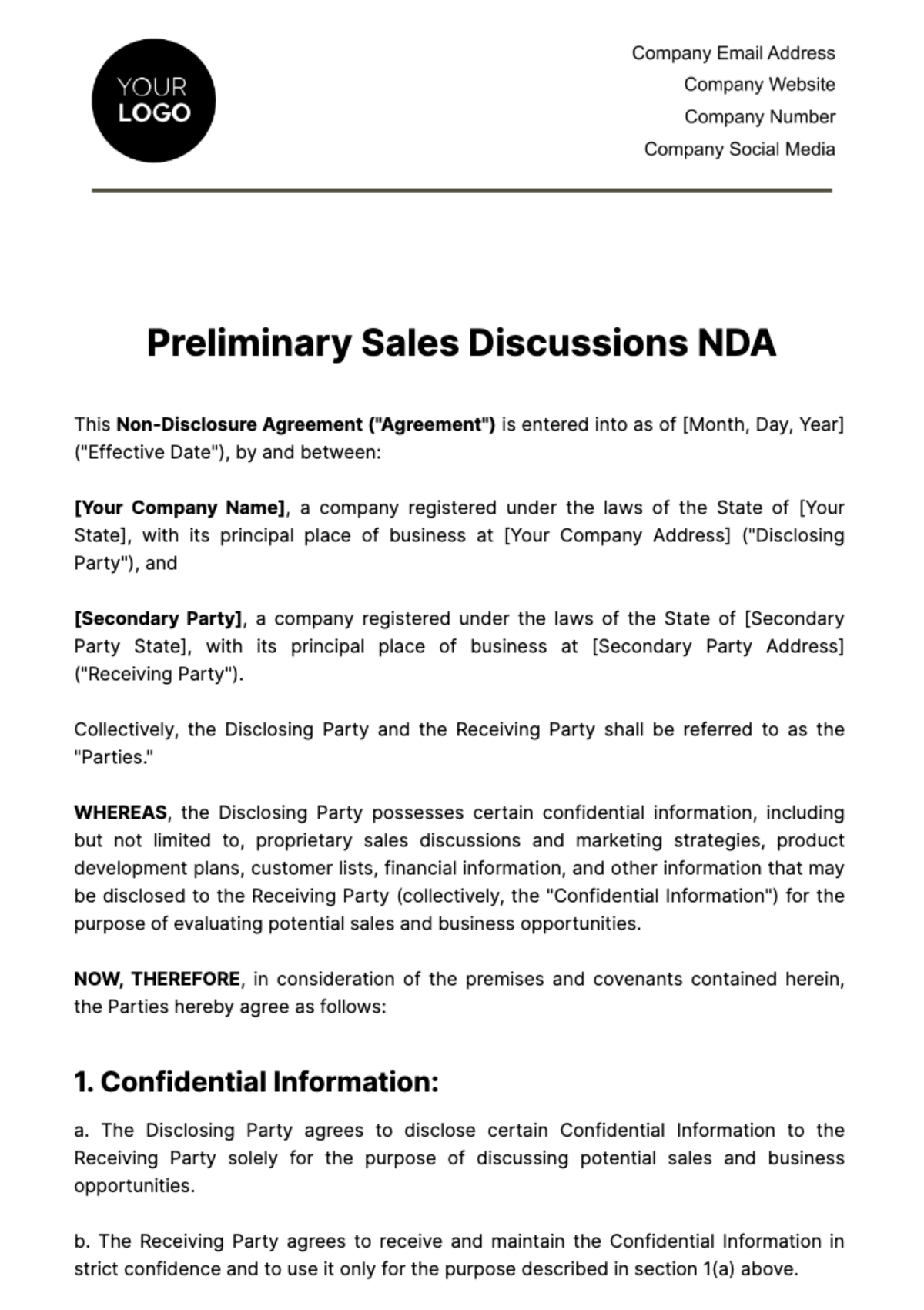 Preliminary Sales Discussions NDA Template