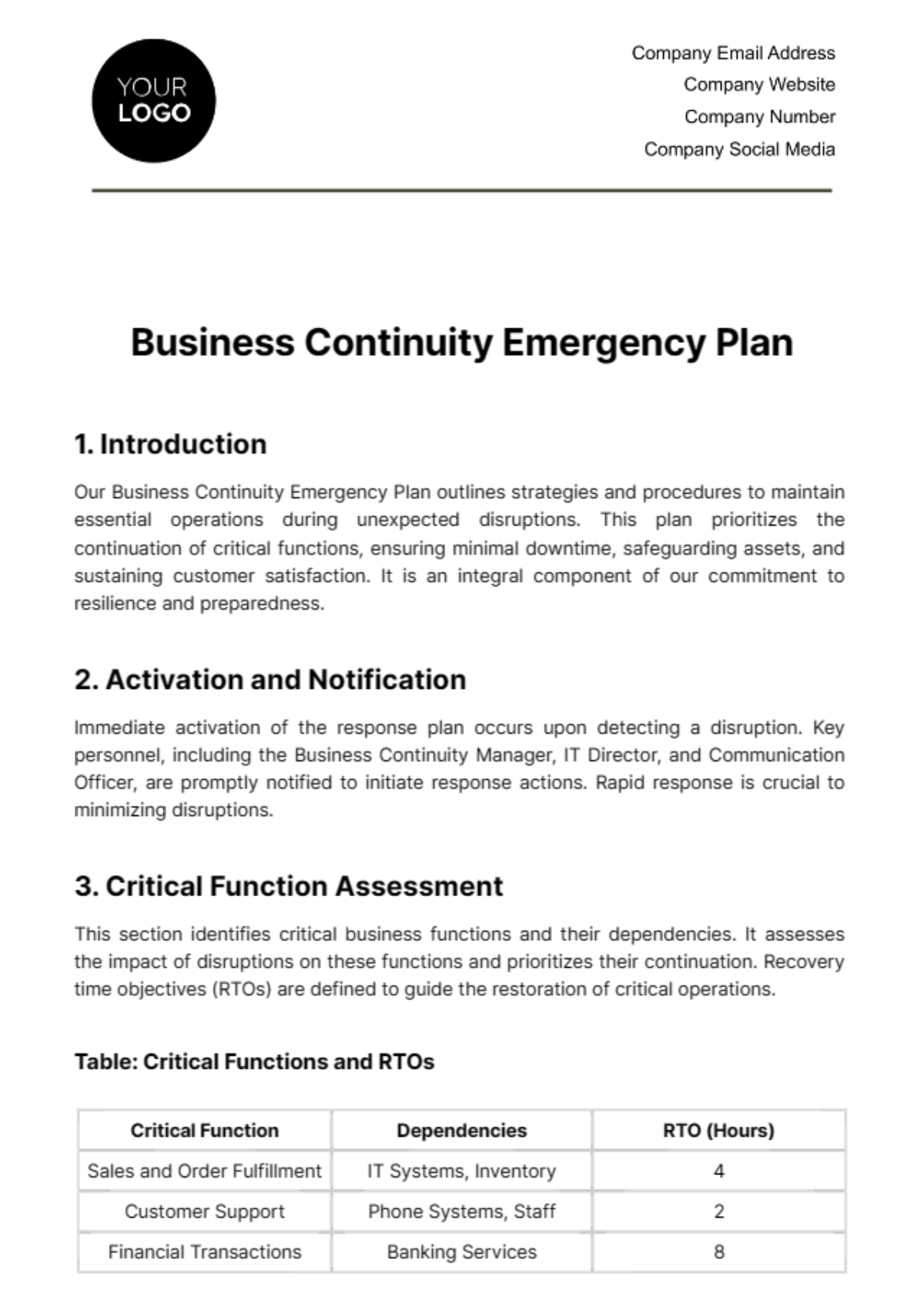 Business Continuity Emergency Plan Template