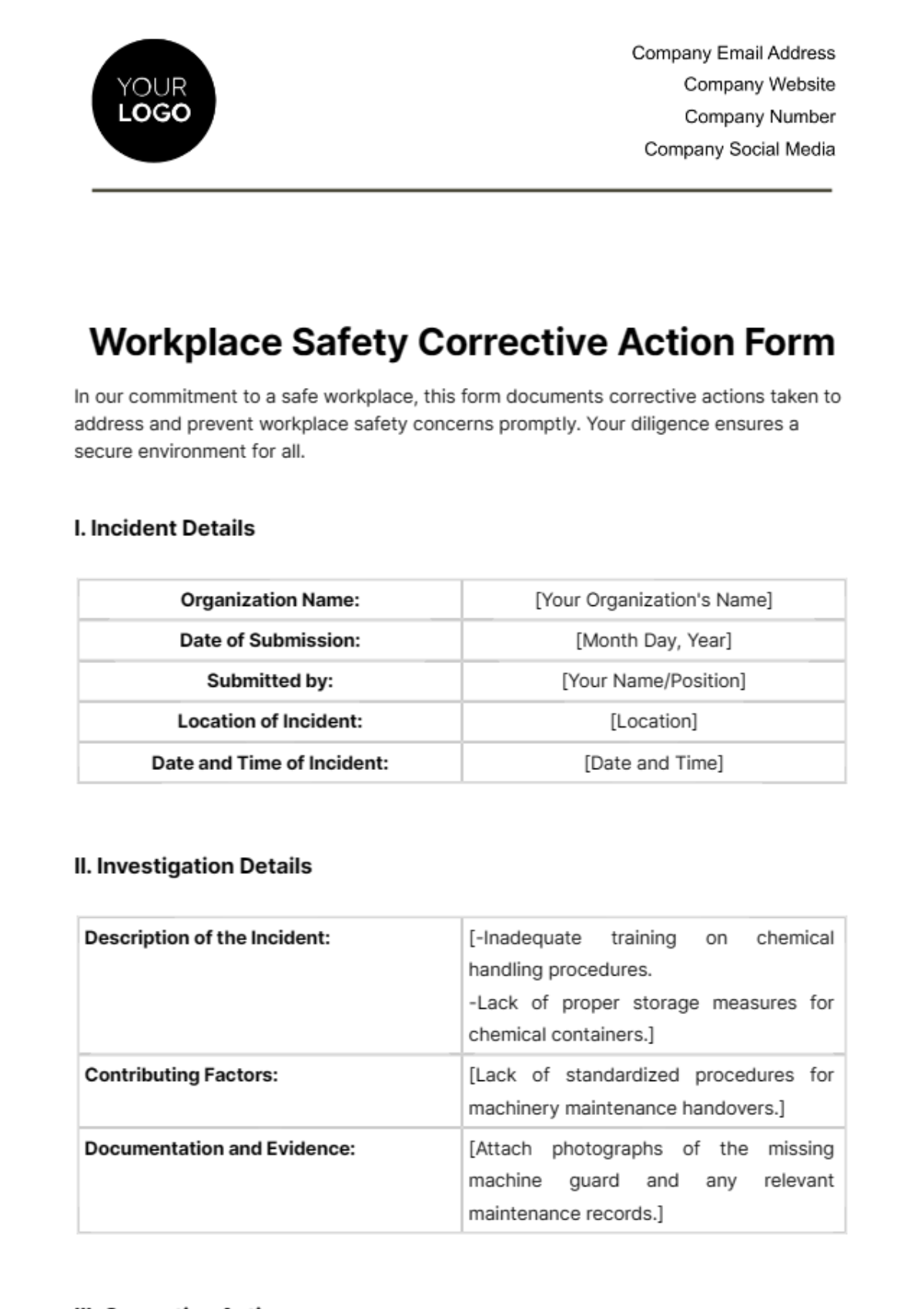 Workplace Safety Corrective Action Form Template