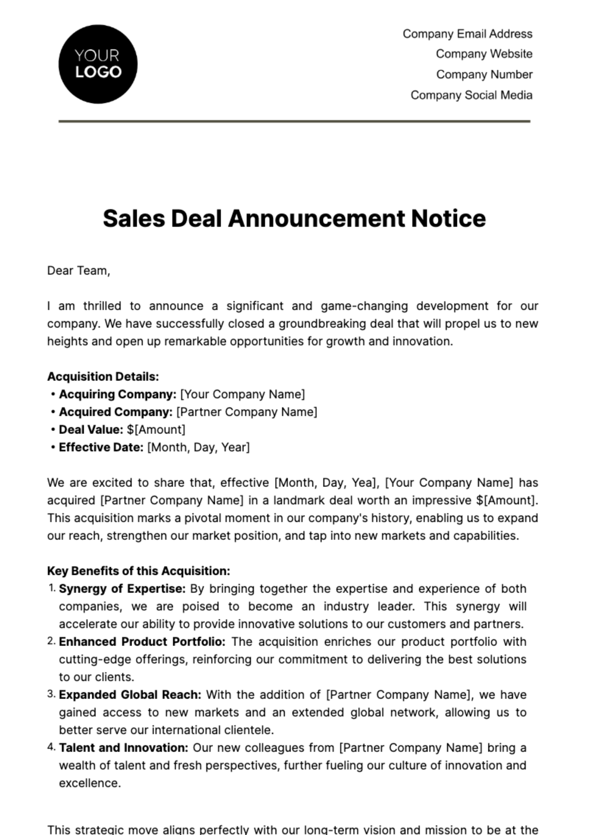 Sales Deal Announcement Notice Template