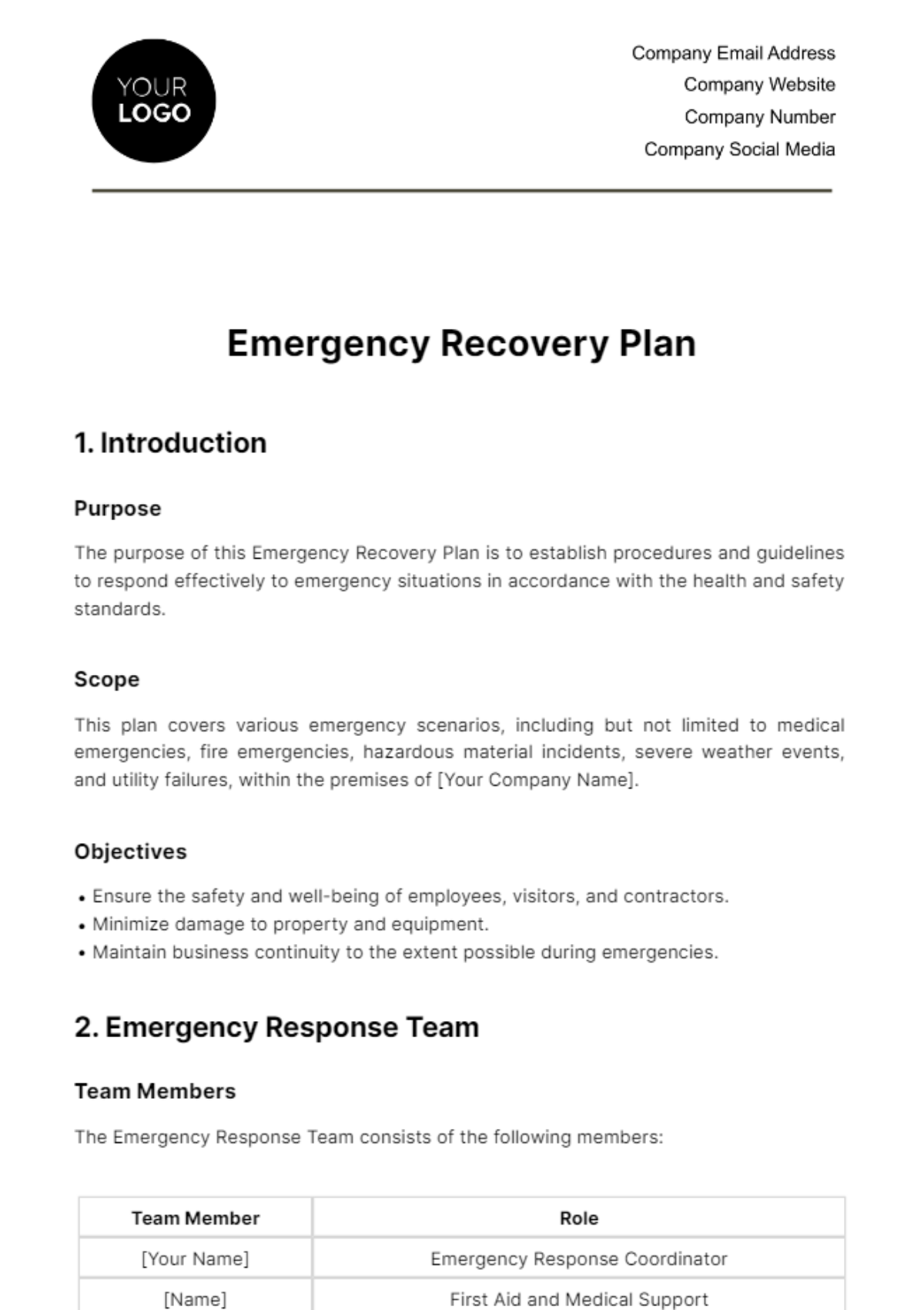 Free Emergency Recovery Plan Template