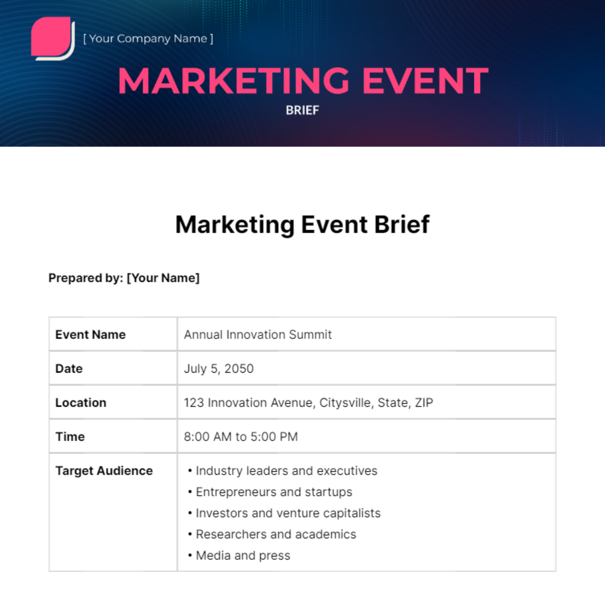 Marketing Event Brief Template