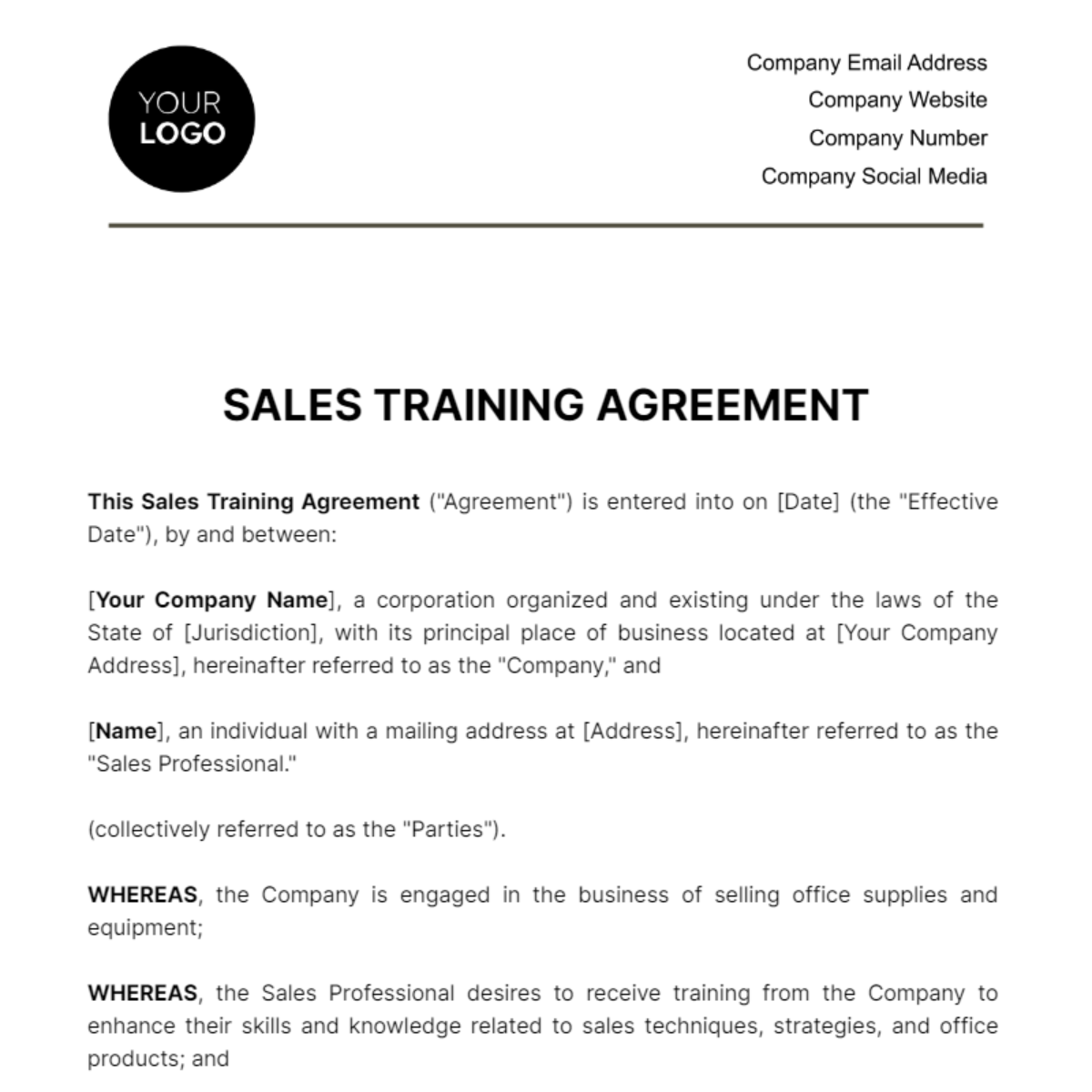 Free Sales Training Agreement Template