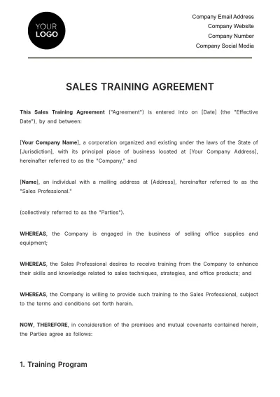 Free Sales Training Agreement Template to Edit Online