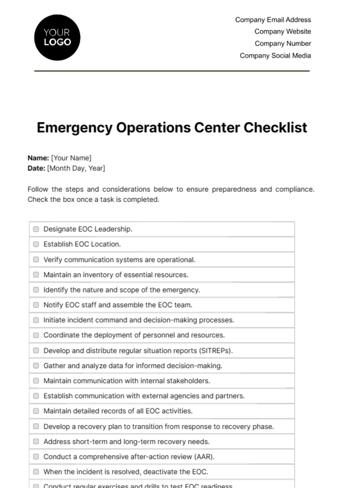 Free Emergency Operations Center Checklist Template