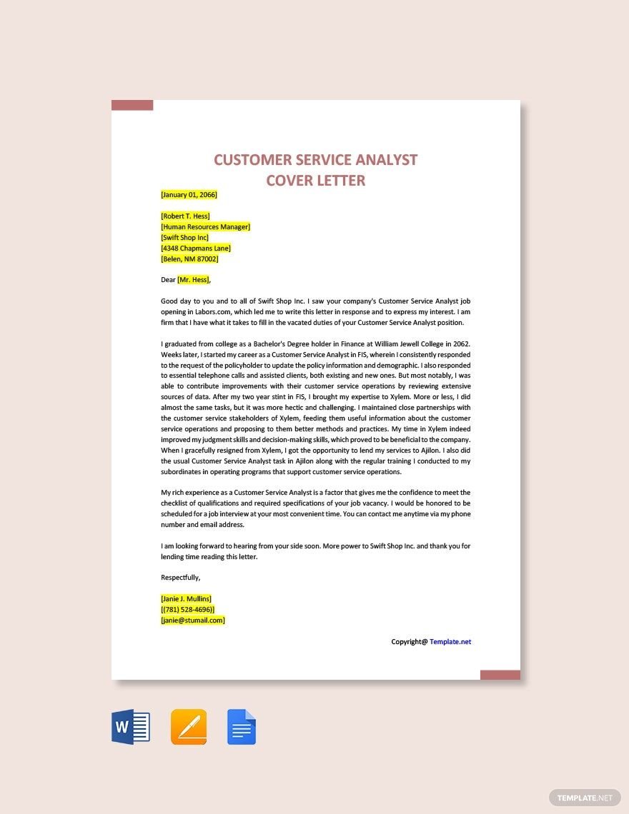 Customer Service Analyst Cover Letter