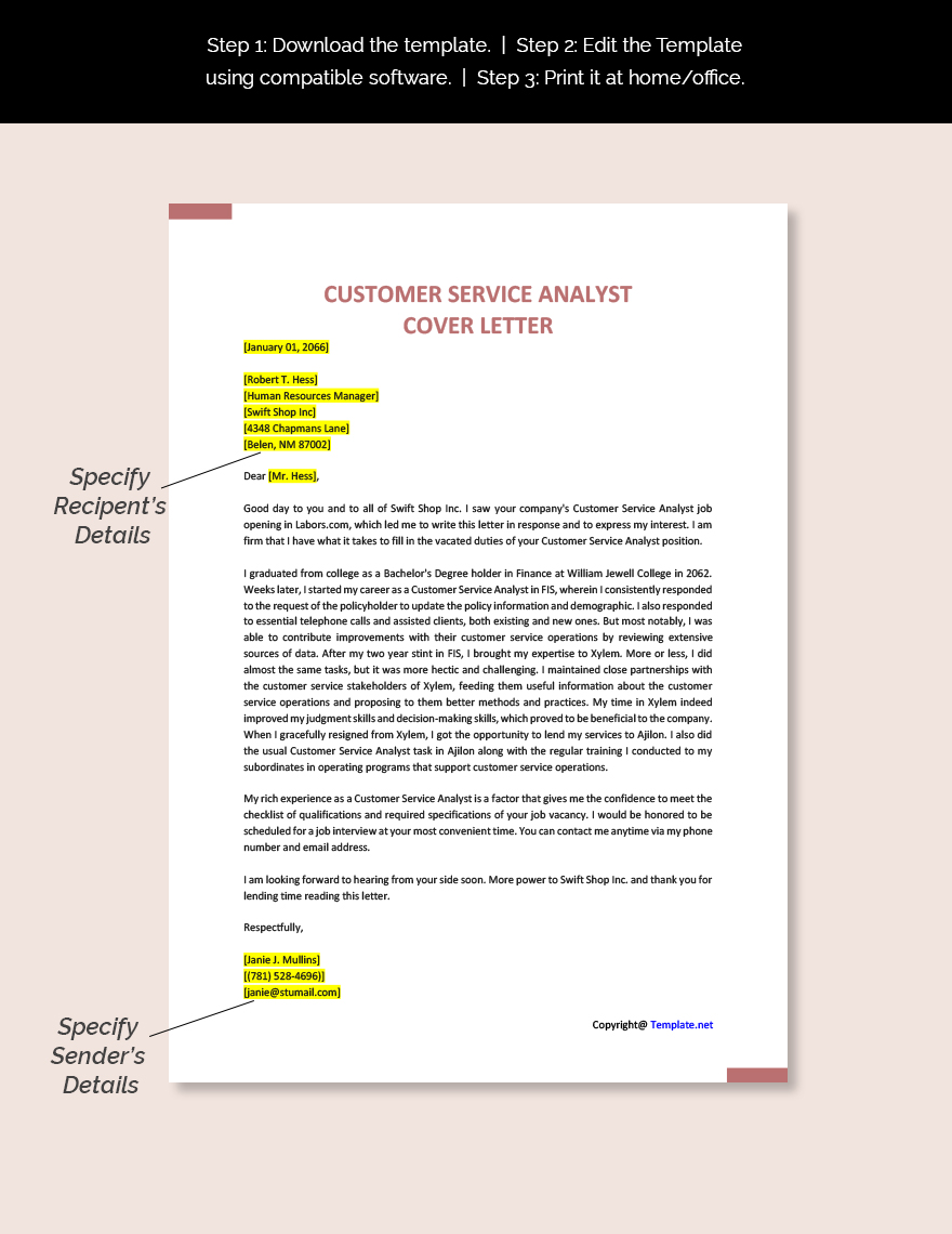 Customer Service Analyst Cover Letter Template