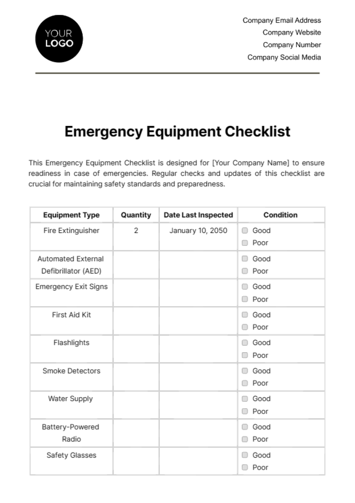 Free Emergency Equipment Checklist Template