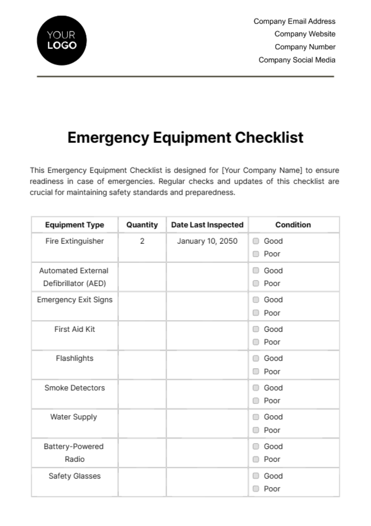 Emergency Equipment Checklist Template