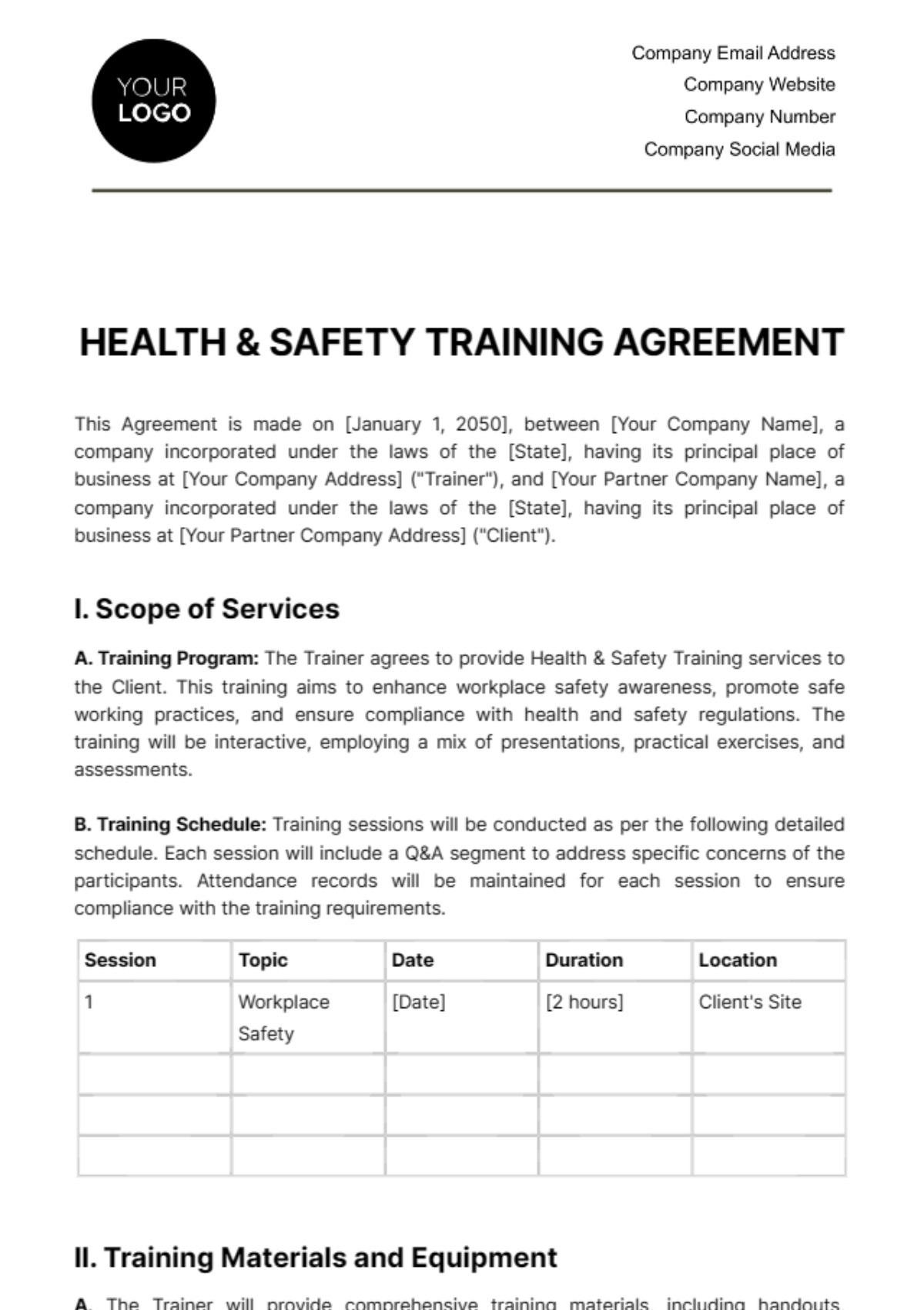 Health & Safety Training Agreement Template