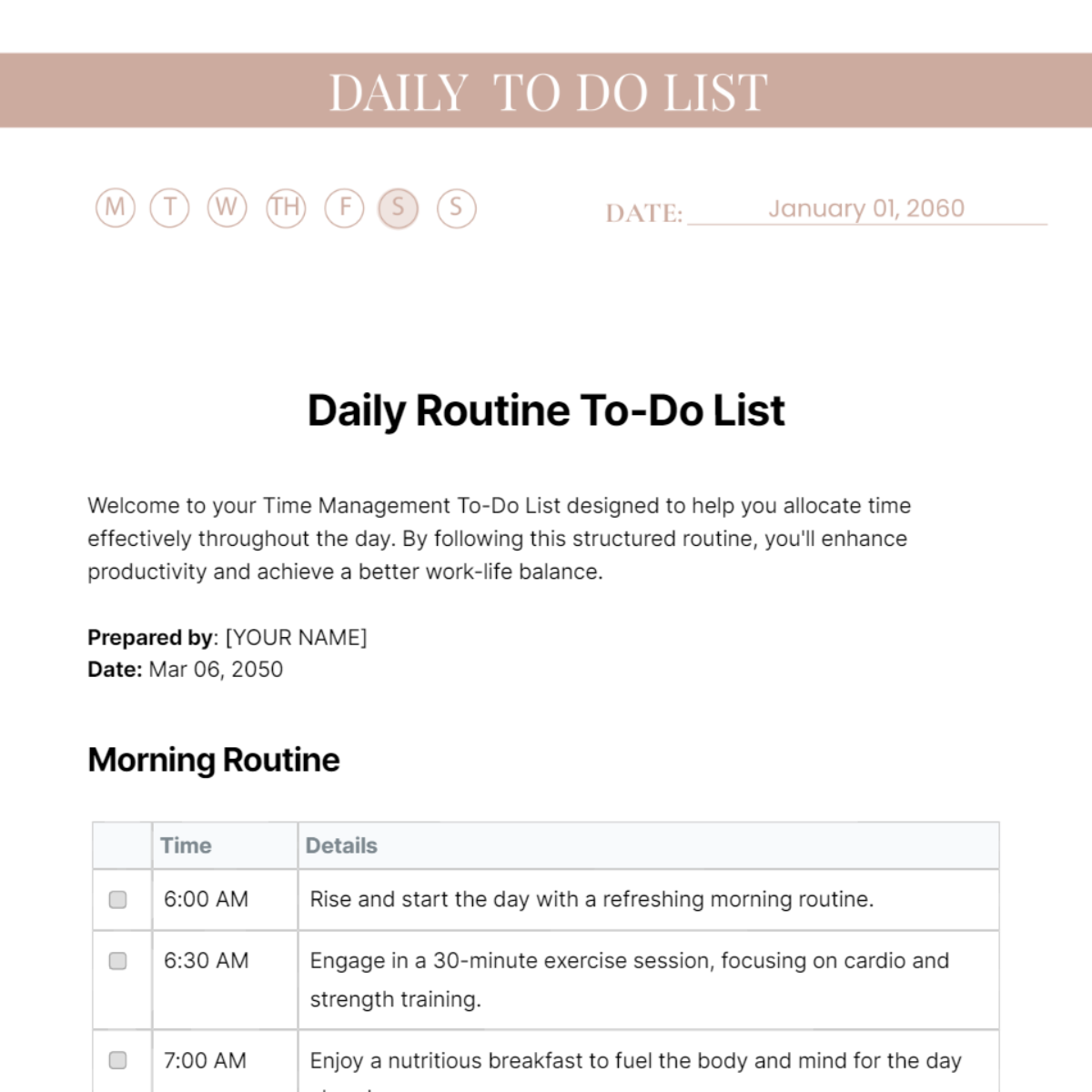 Daily Routine To Do List Template